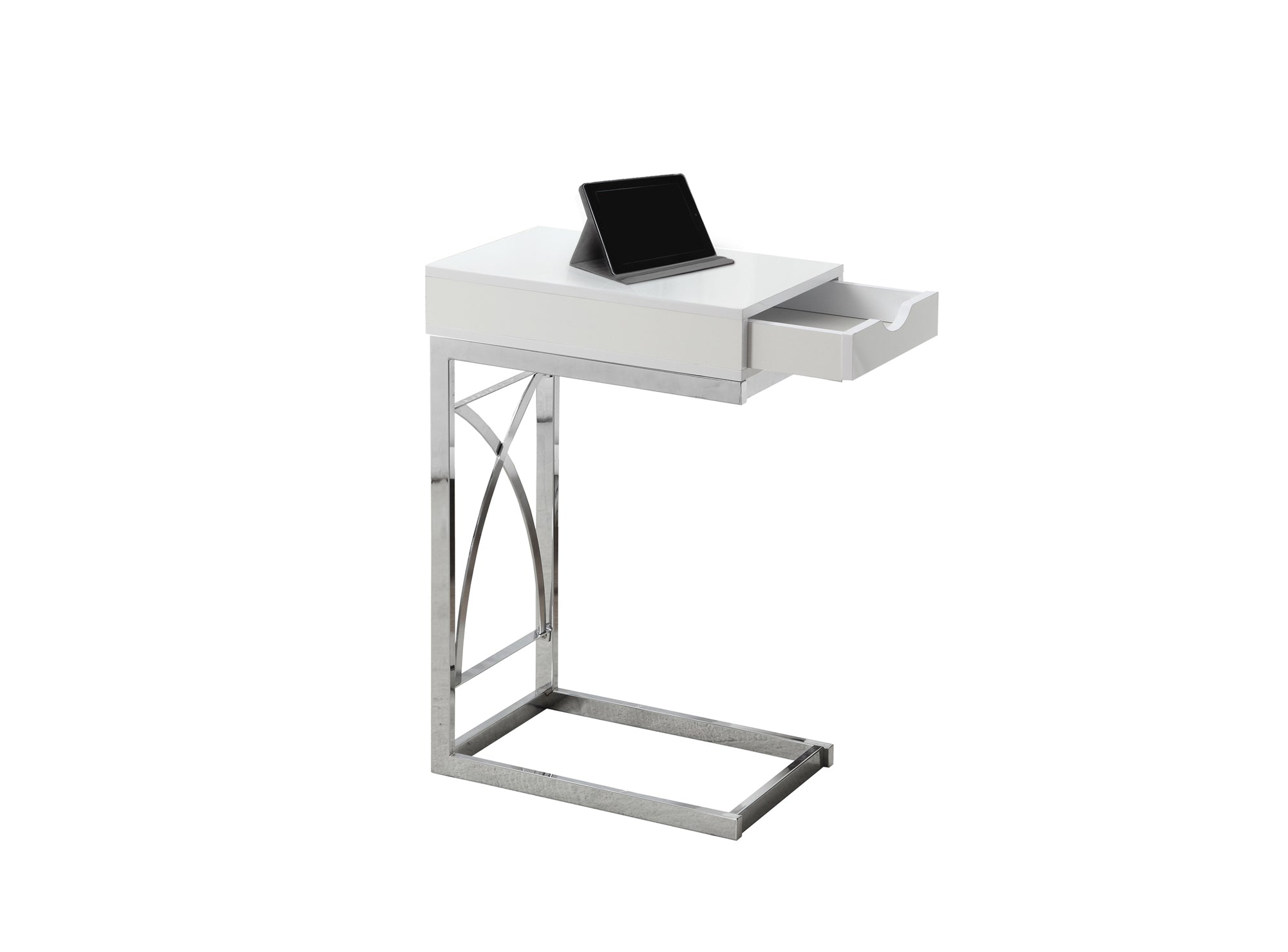 Accent Table - Chrome Metal / Glossy White With A Drawer