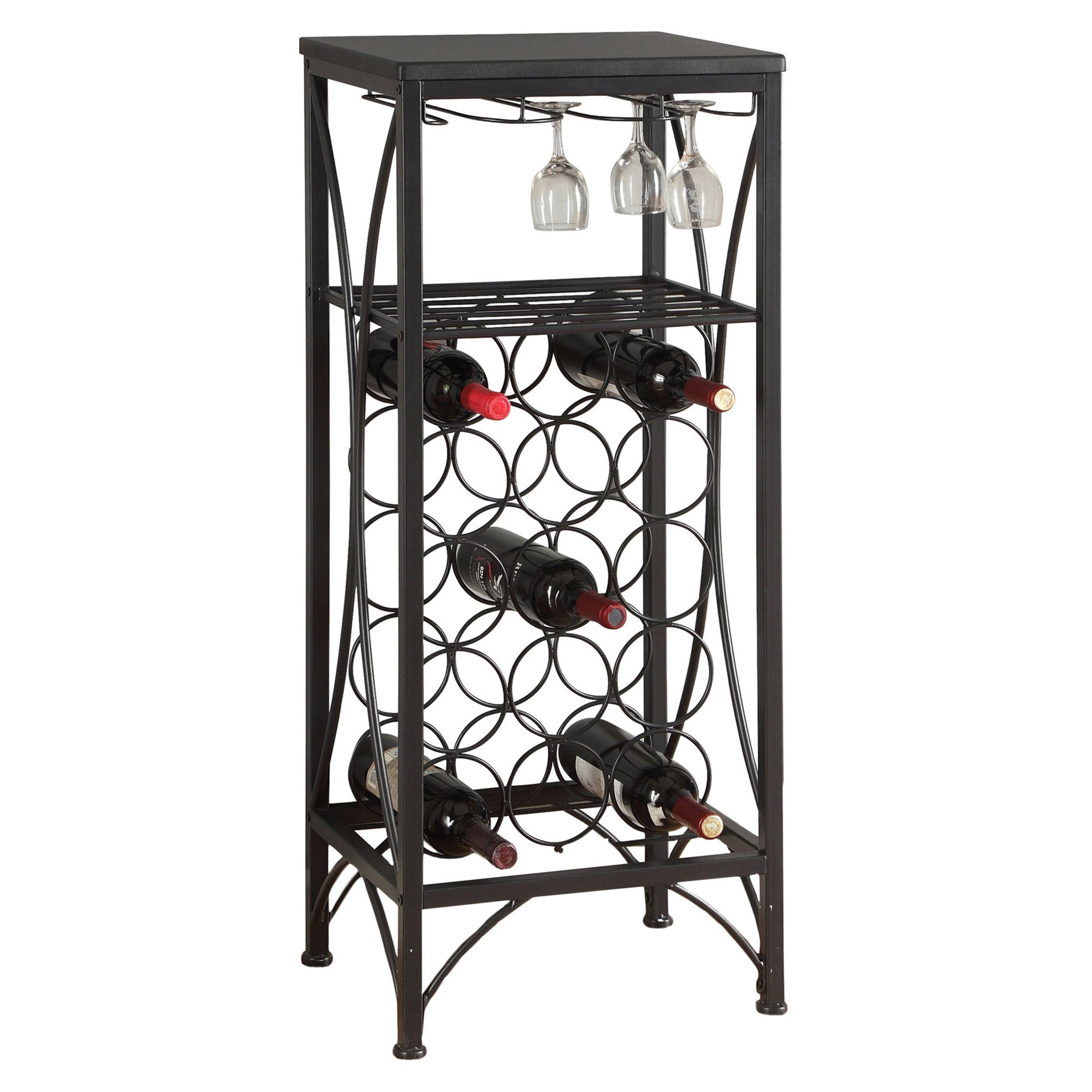 Home Bar - 40H / Black Metal Wine Bottle And Glass Rack