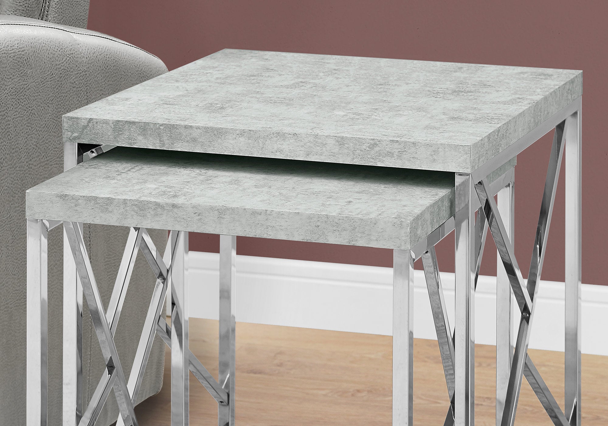 Nesting Table - 2Pcs Set / Grey Cement With Chrome Metal