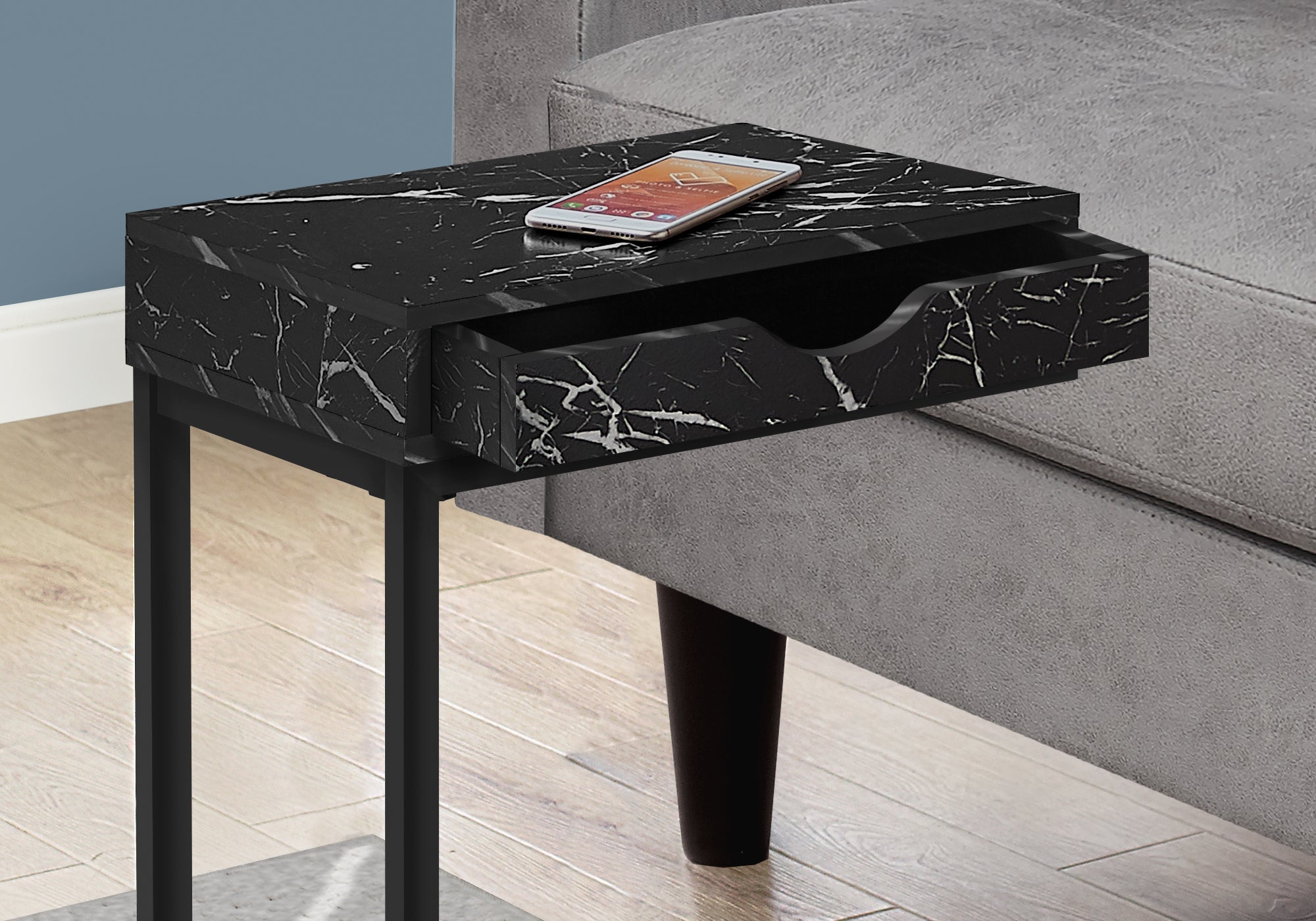 Accent Table - Black Marble / Black Metal With A Drawer