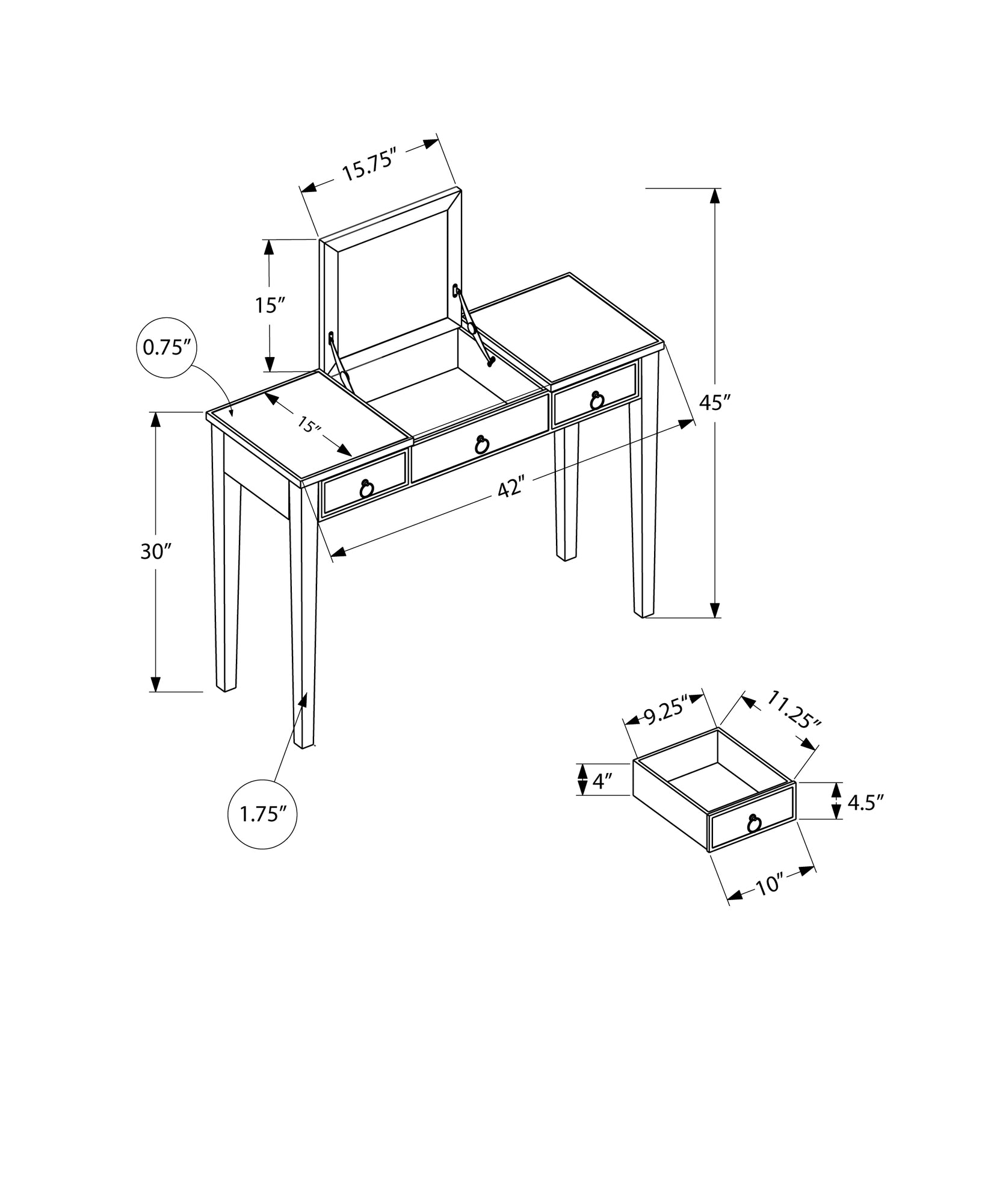 Vanity - 42L / Mirror / Silver With Storage