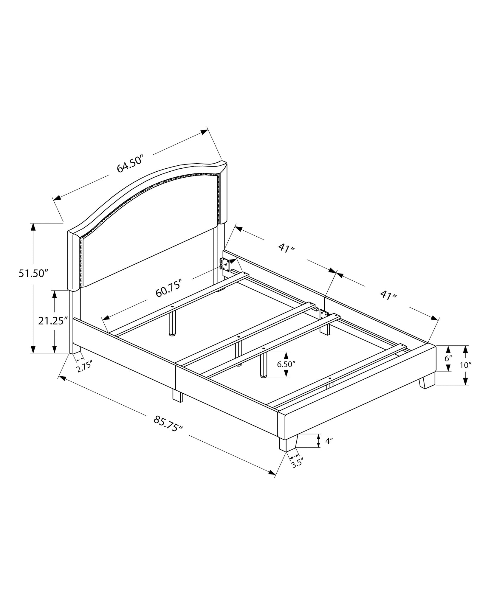 Bed - Queen Size / Brown Leather-Look With Brass Trim
