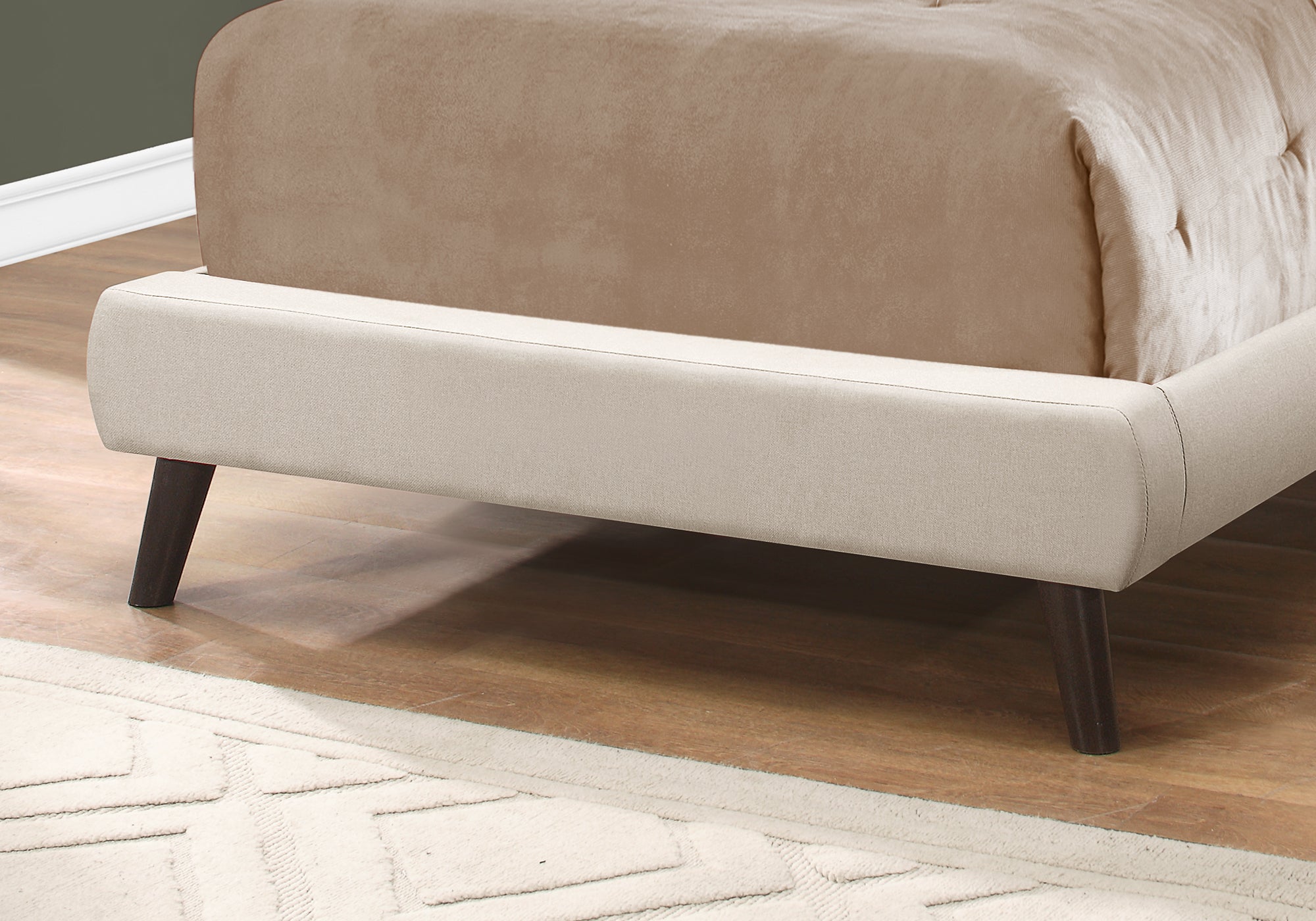 Bed - Twin Size / Beige Linen With Brown Wood Legs