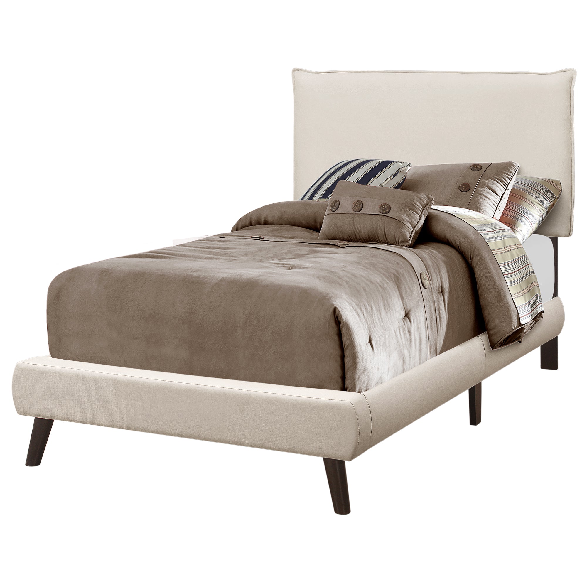 Bed - Twin Size / Beige Linen With Brown Wood Legs