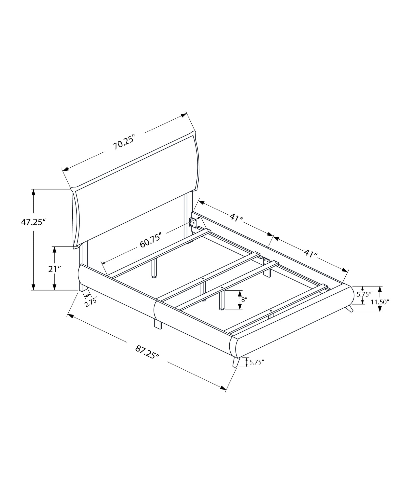 Bed - Queen Size / Brown Leather-Look With Wood Legs