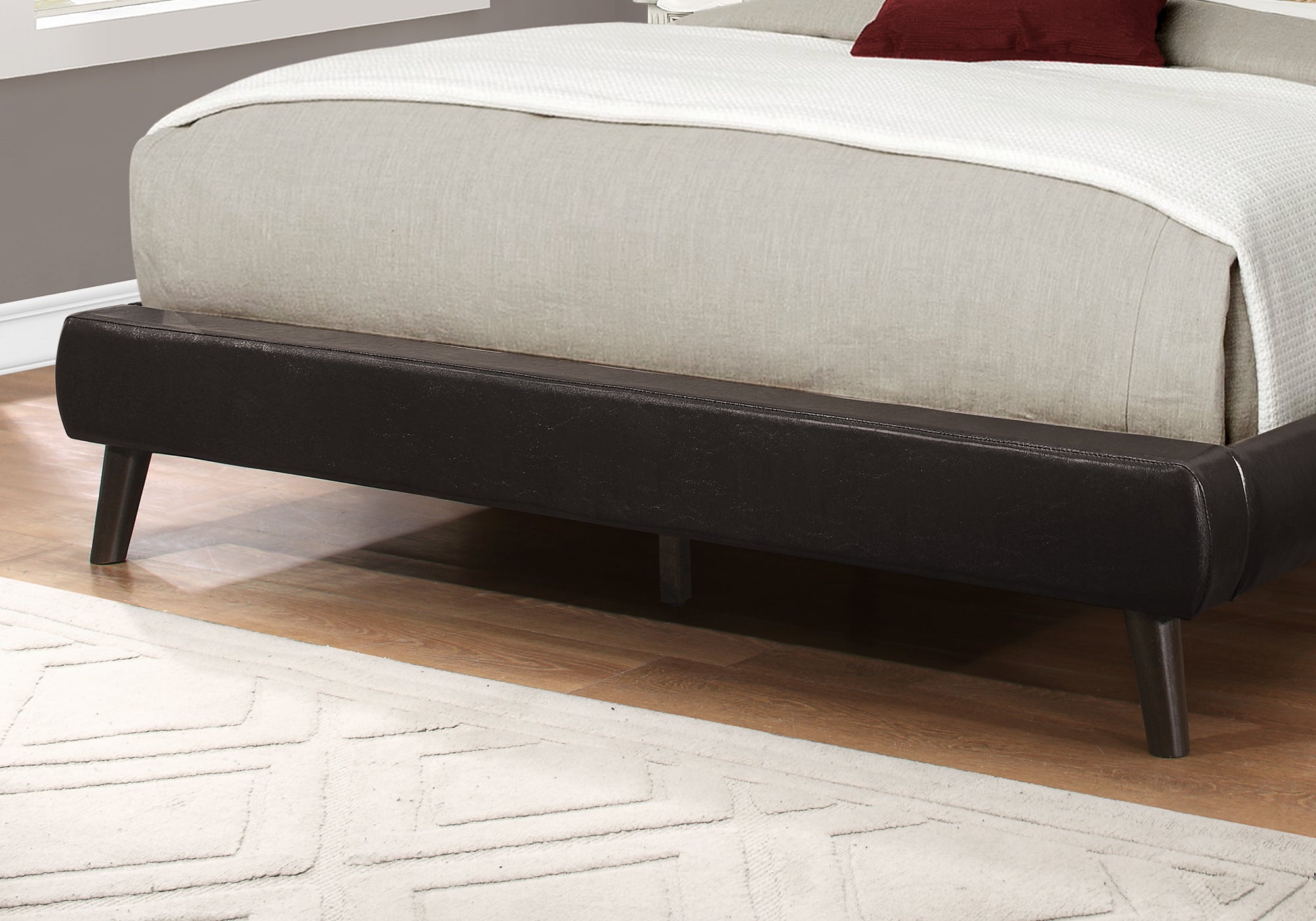 Bed - Queen Size / Brown Leather-Look With Wood Legs