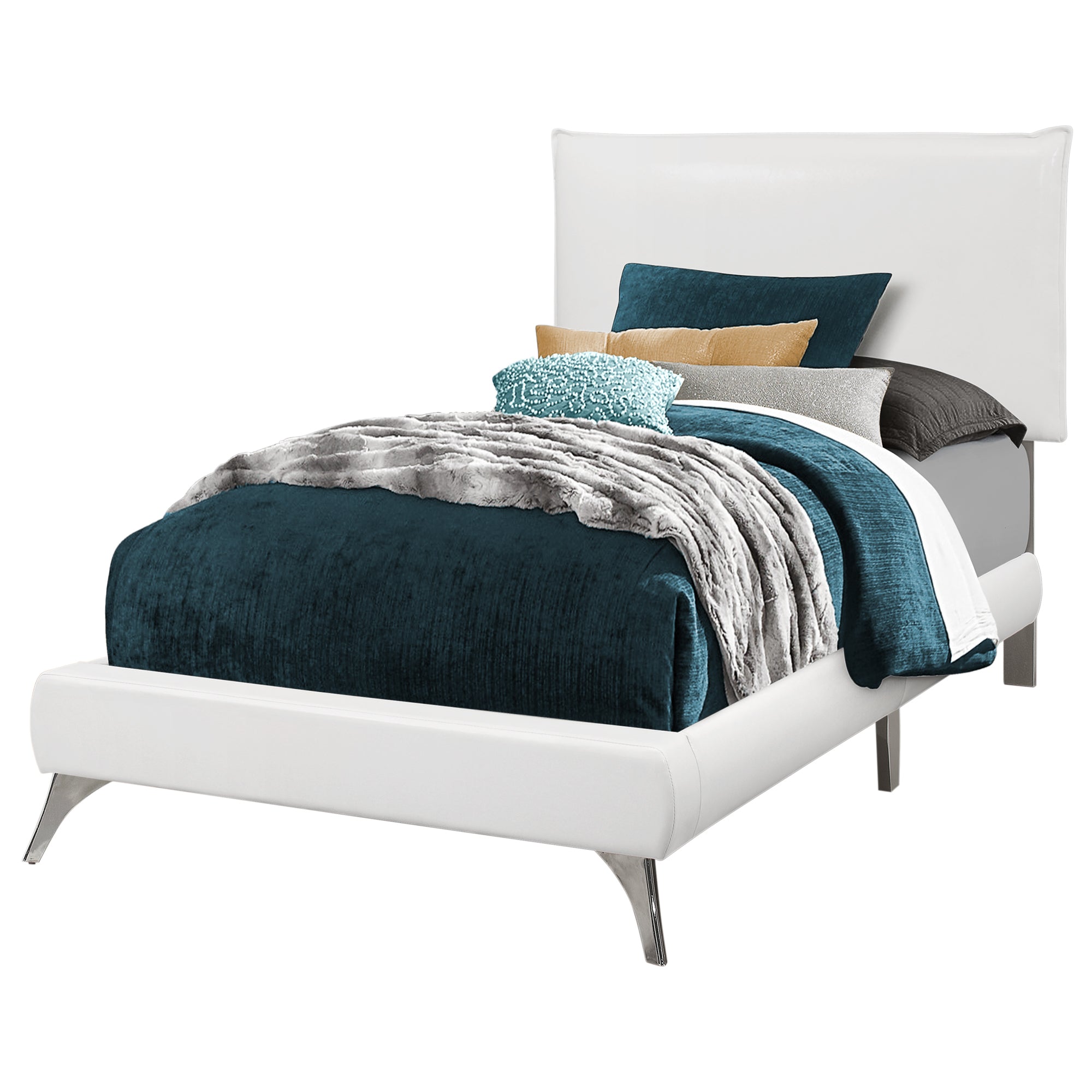 Bed - Twin Size / White Leather-Look With Chrome Legs