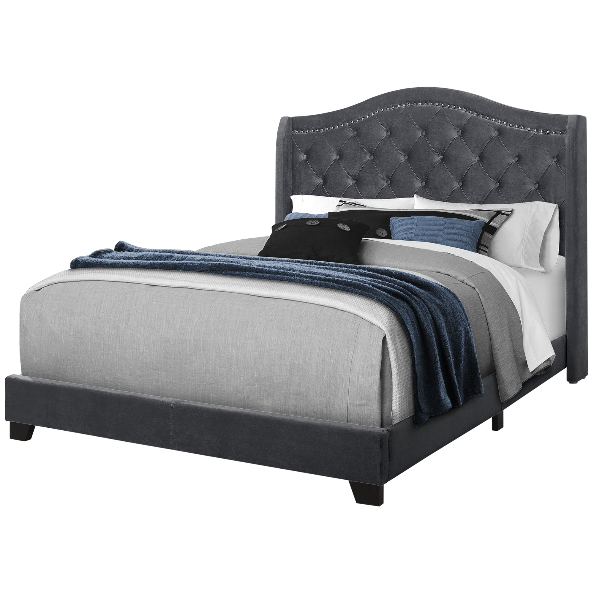 Bed - Queen Size / Dark Grey Velvet With Chrome Trim