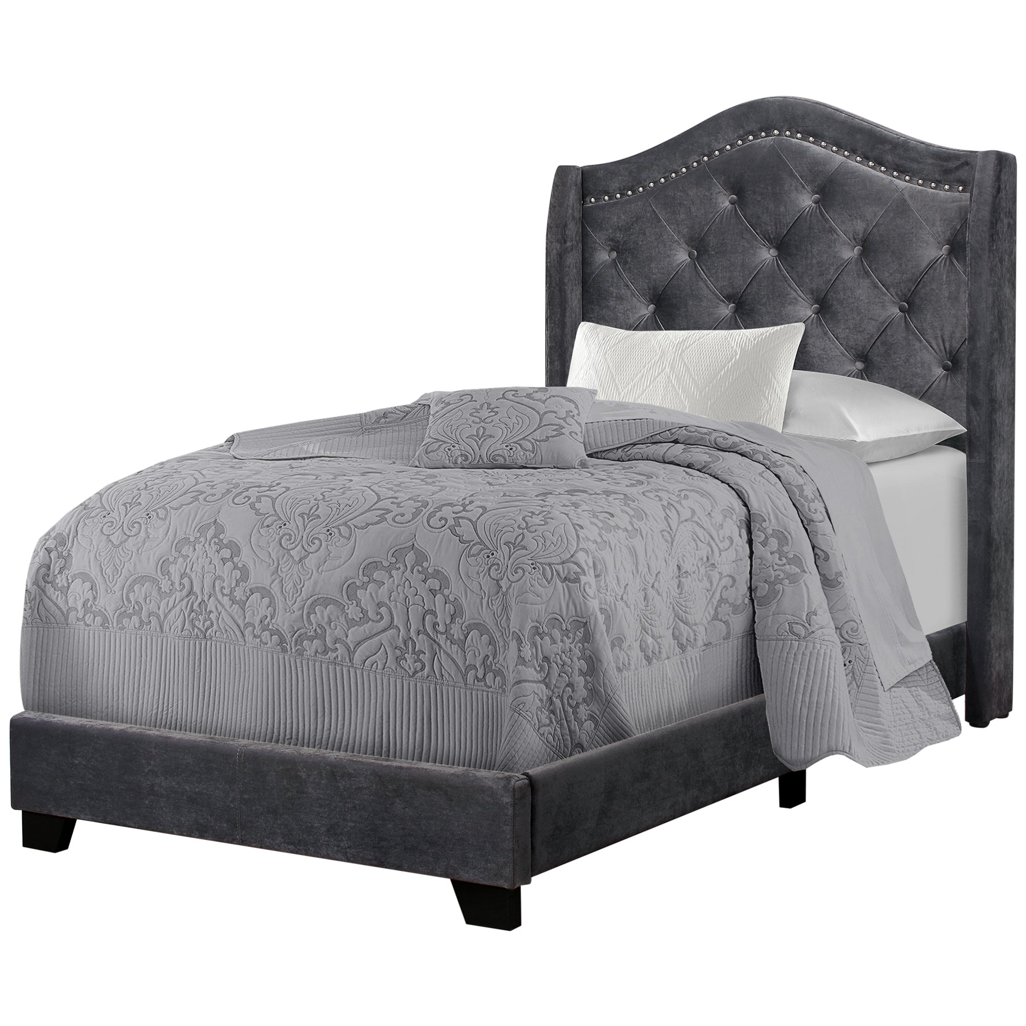 Bed - Twin Size / Dark Grey Velvet With Chrome Trim