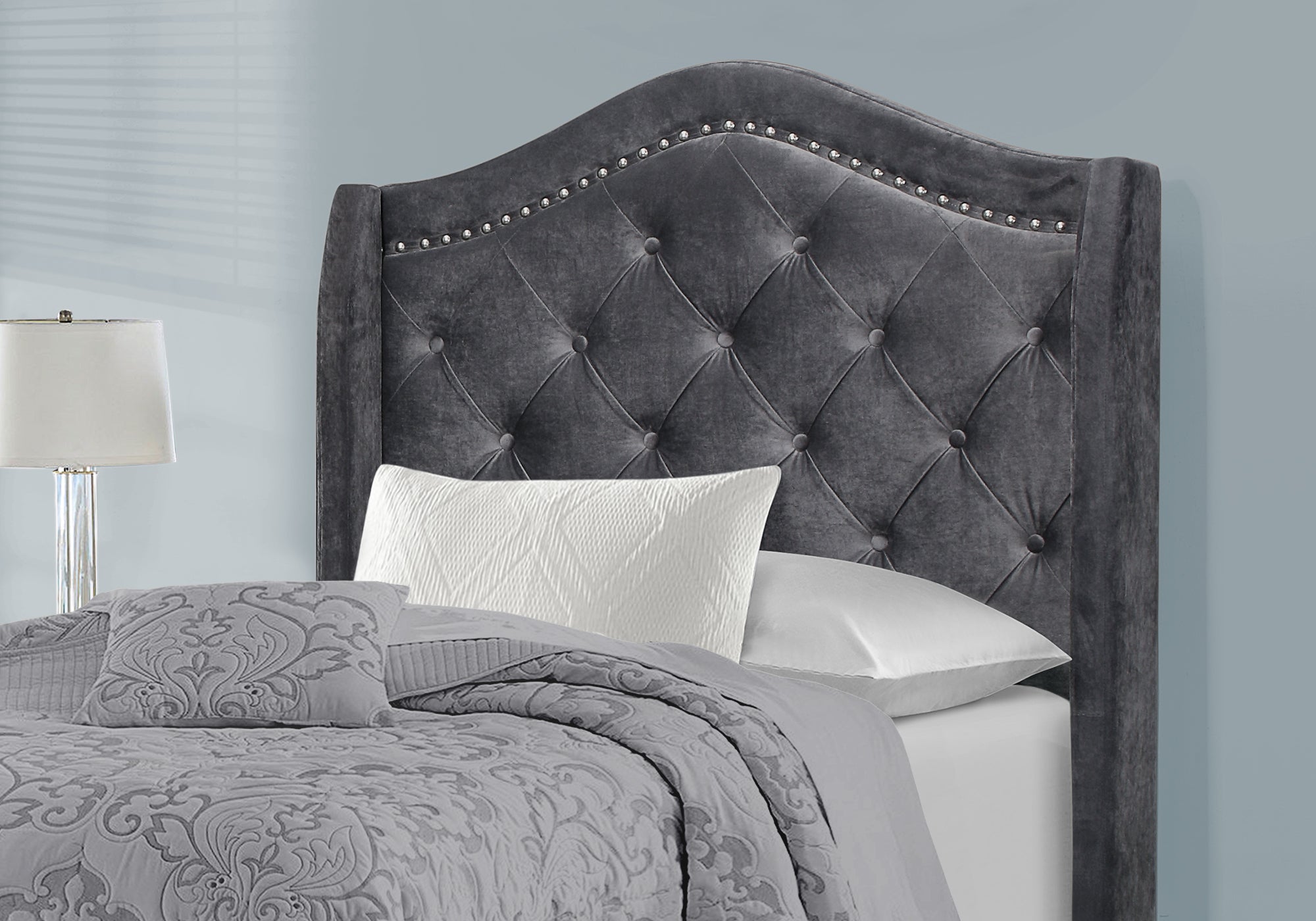 Bed - Twin Size / Dark Grey Velvet With Chrome Trim
