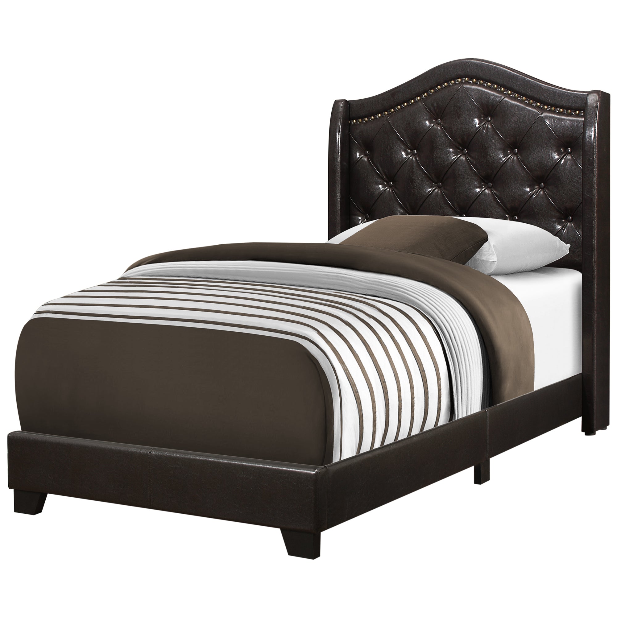 Bed - Twin Size / Brown Leather-Look With Brass Trim