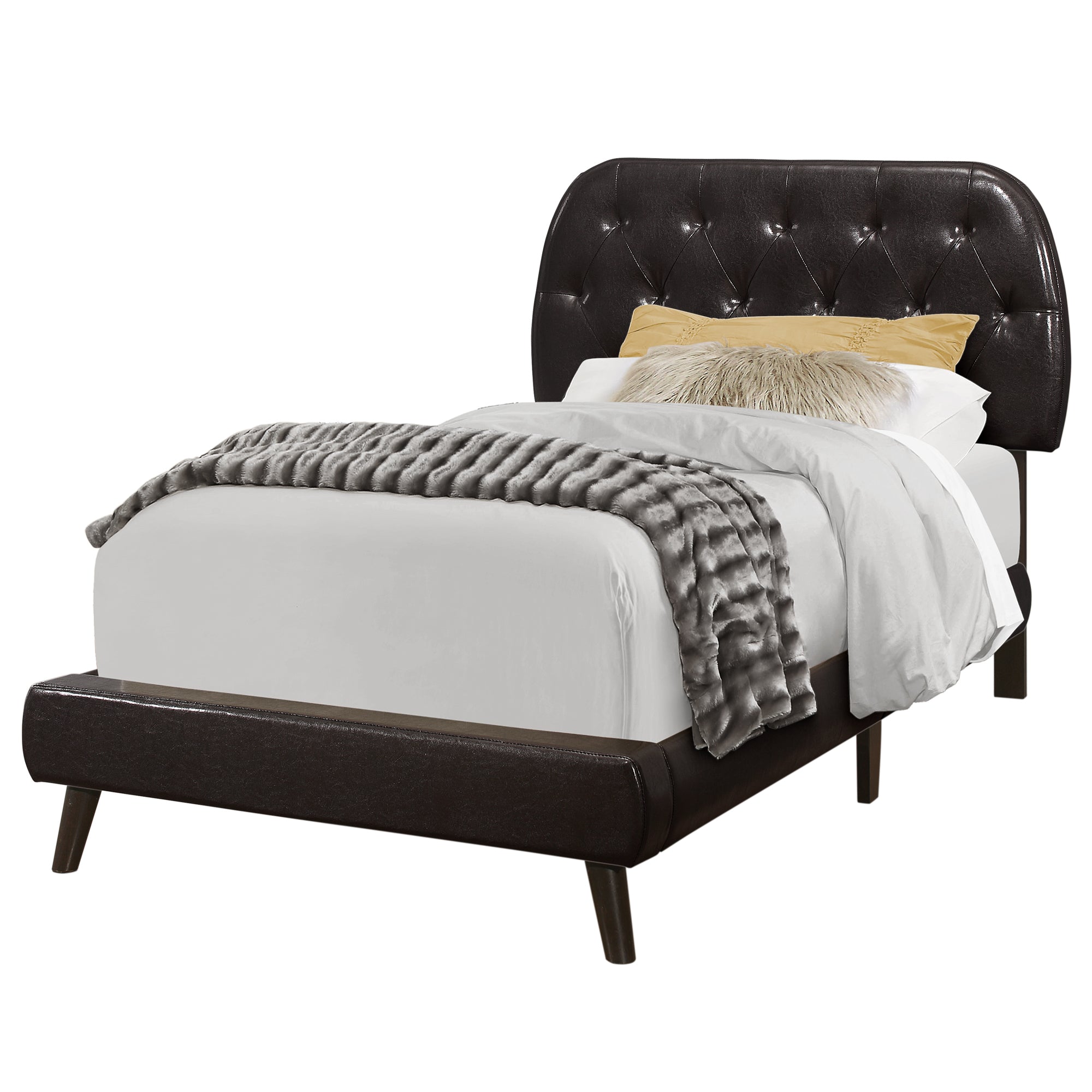 Bed - Twin Size / Brown Leather-Look With Wood Legs