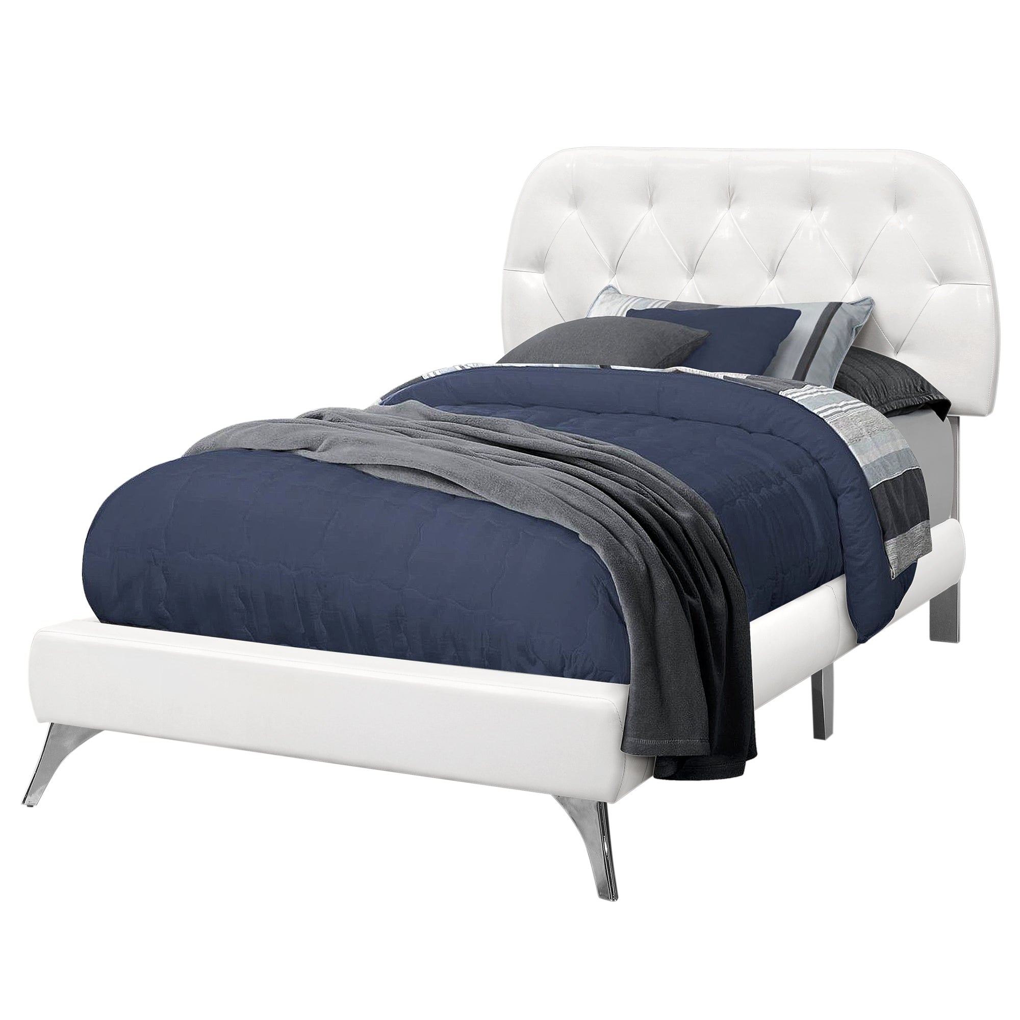 Bed - Twin Size / White Leather-Look With Chrome Legs