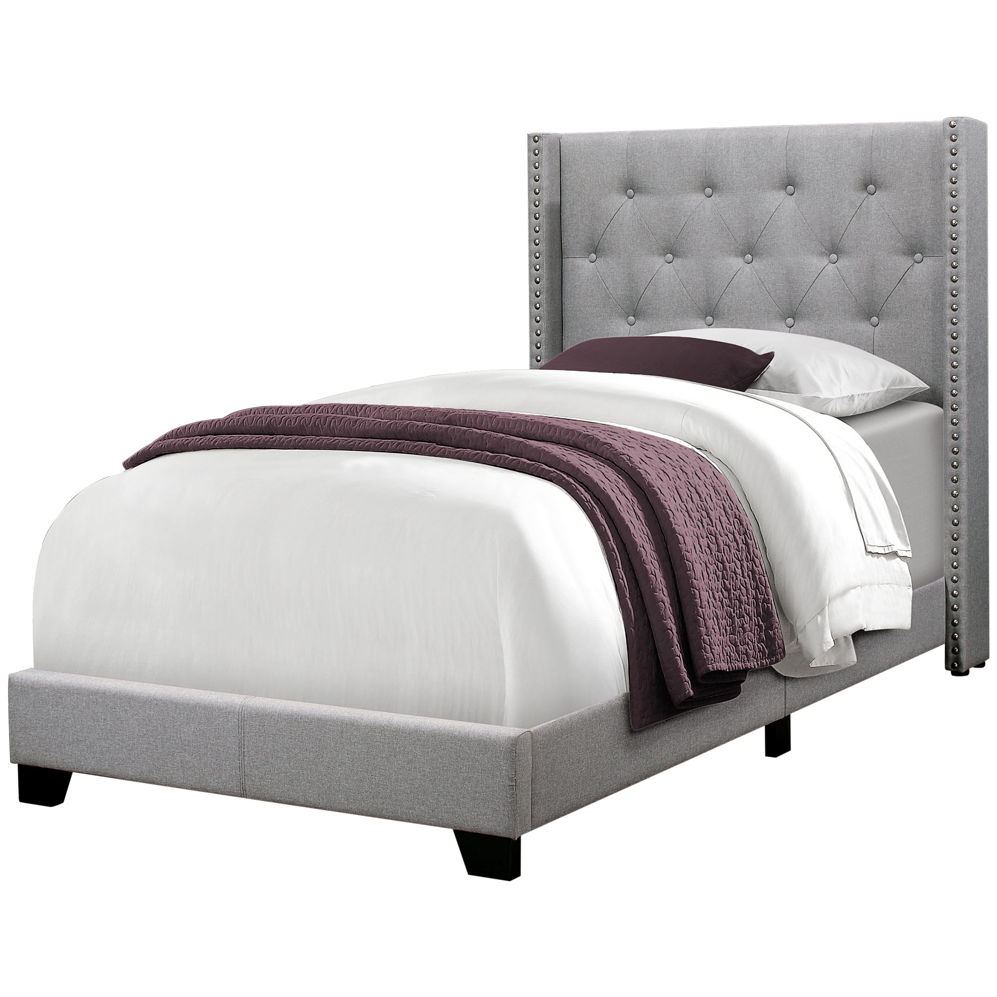 Bed - Twin Size / Grey Linen With Chrome Trim