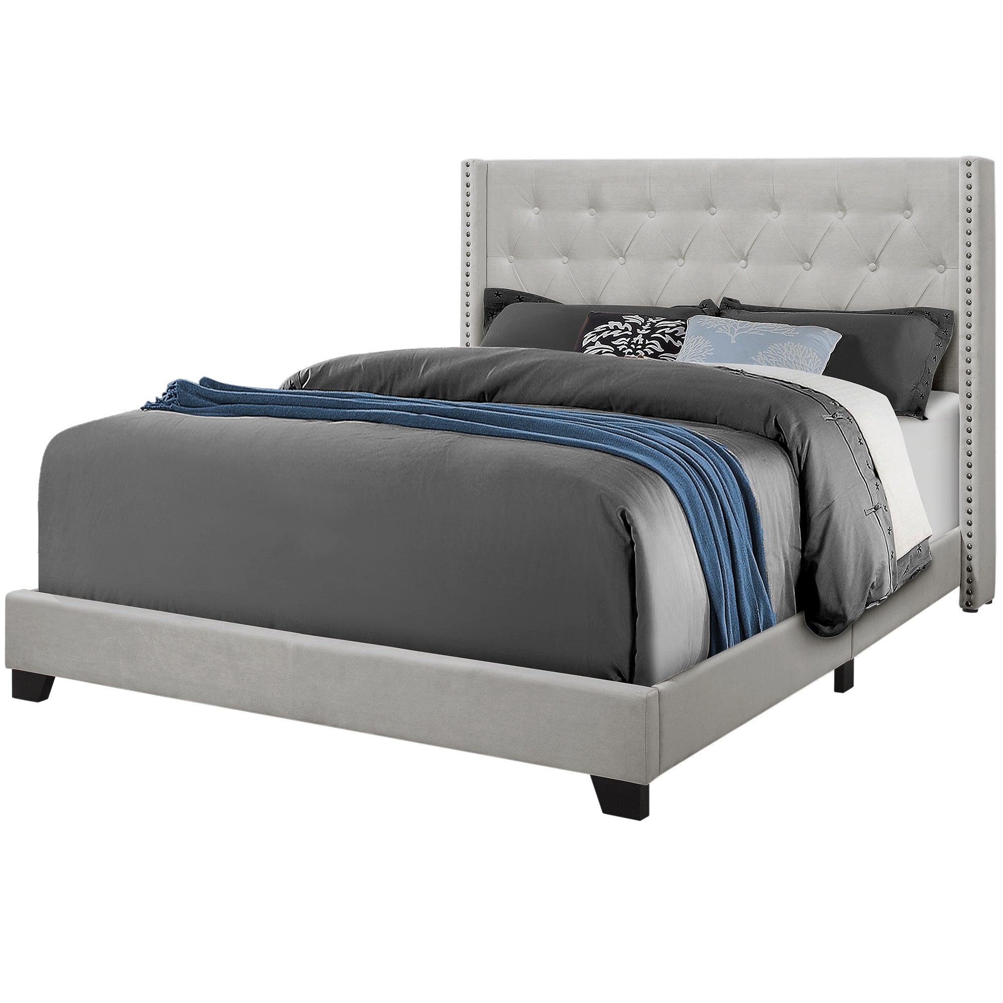 Bed - Queen Size / Light Grey Velvet With Chrome Trim