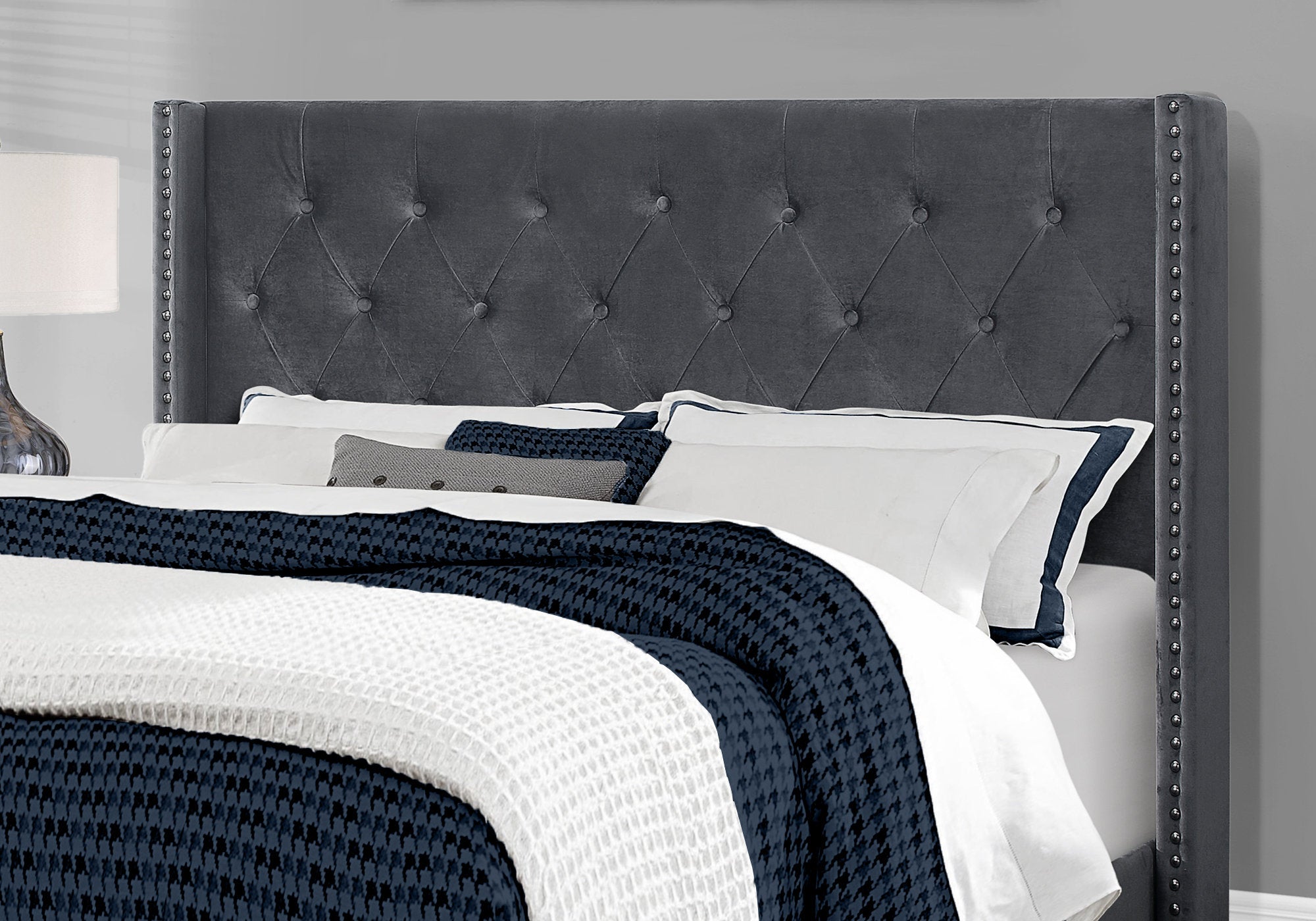 Bed - Queen Size / Dark Grey Velvet With Chrome Trim