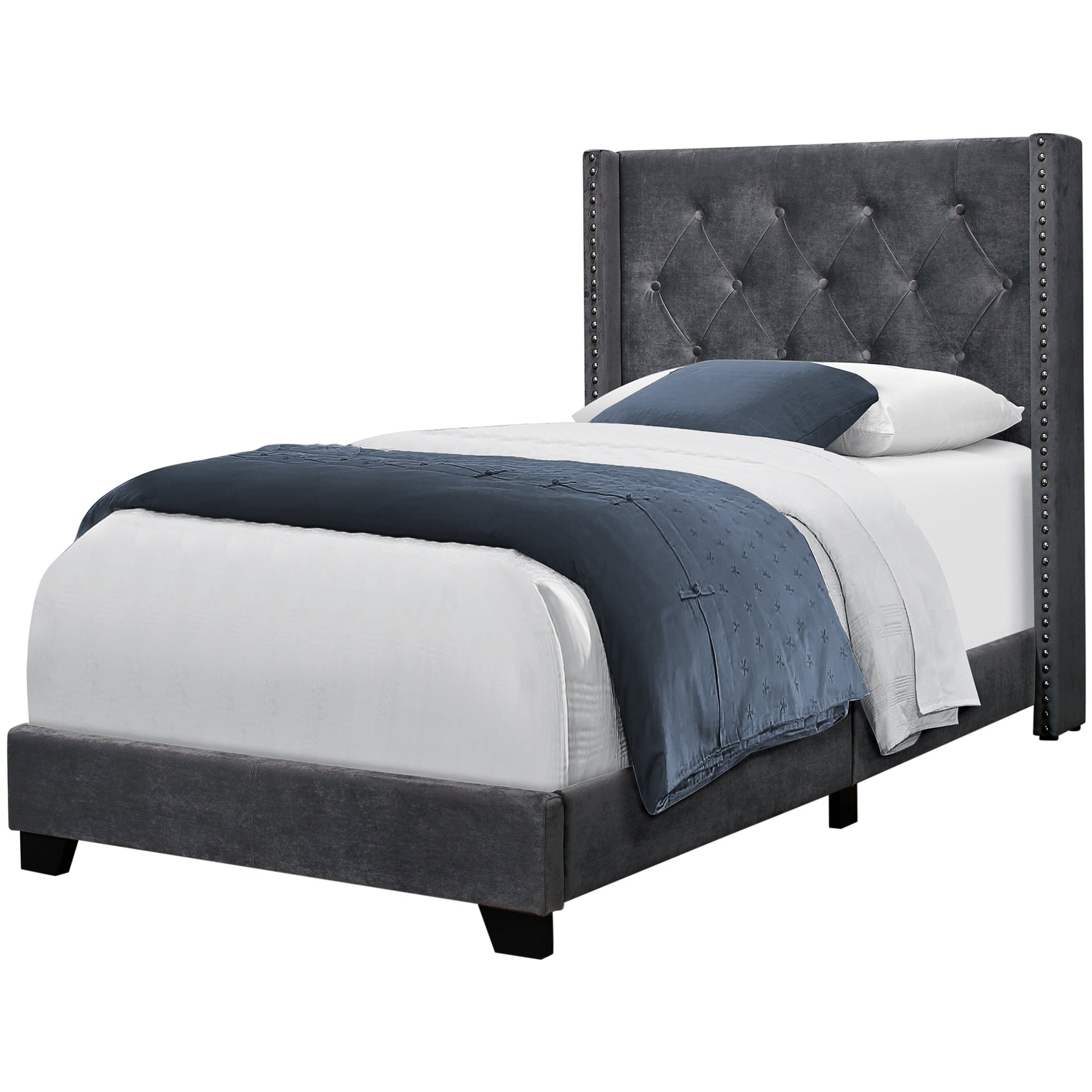 Bed - Twin Size / Dark Grey Velvet With Chrome Trim