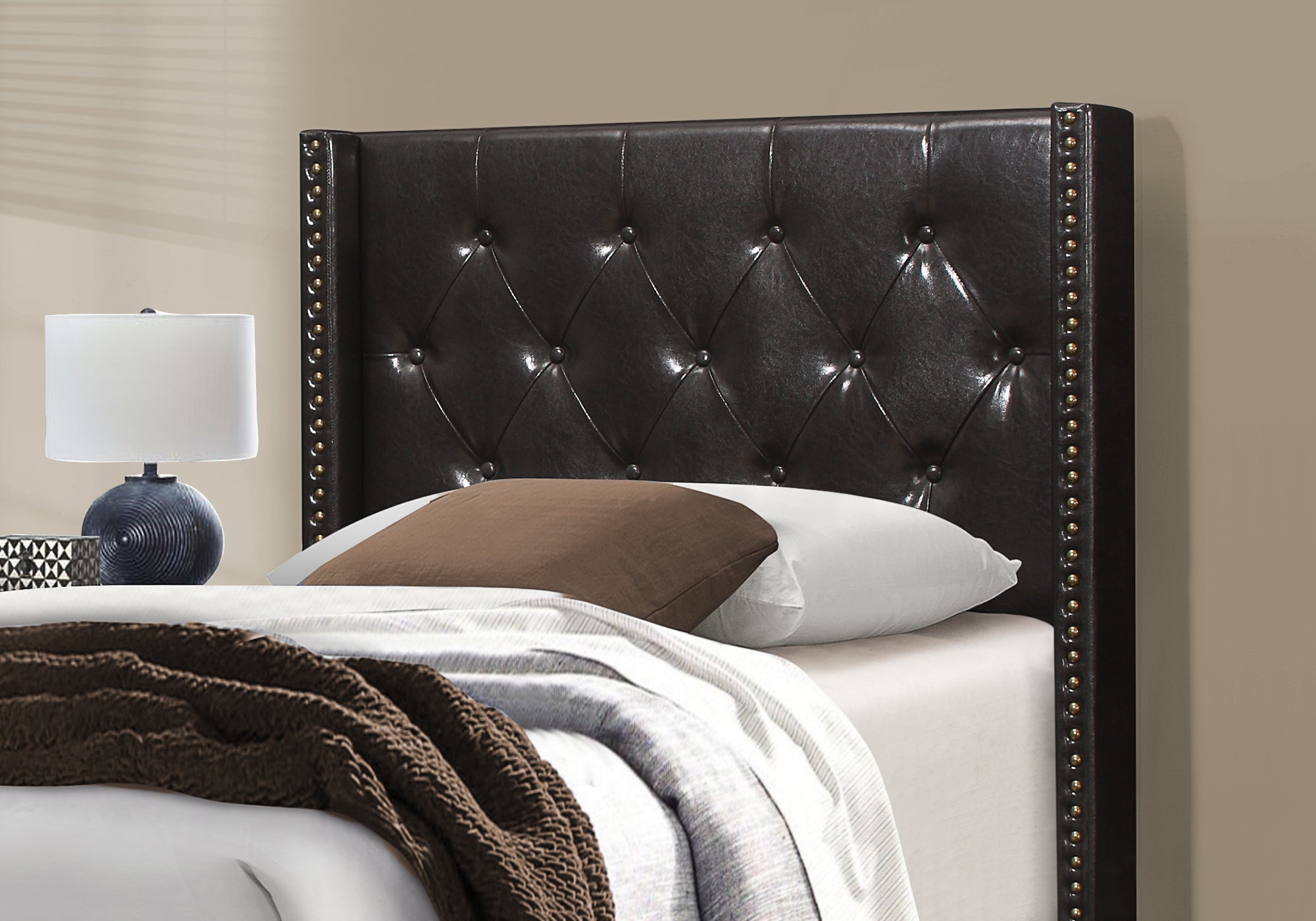 Bed - Twin Size / Brown Leather-Look With Brass Trim