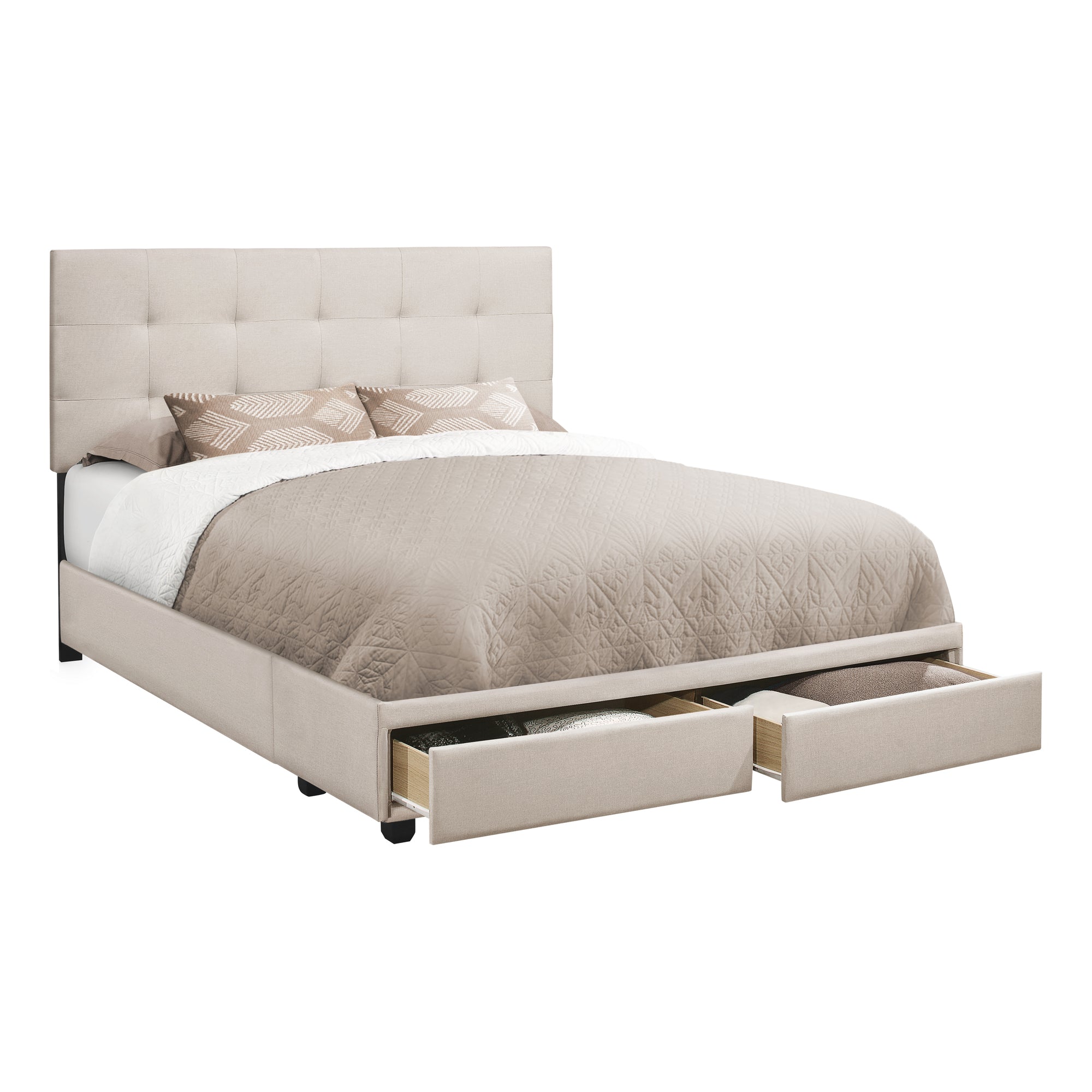 Bed - Queen Size / Beige Linen With 2 Storage Drawers