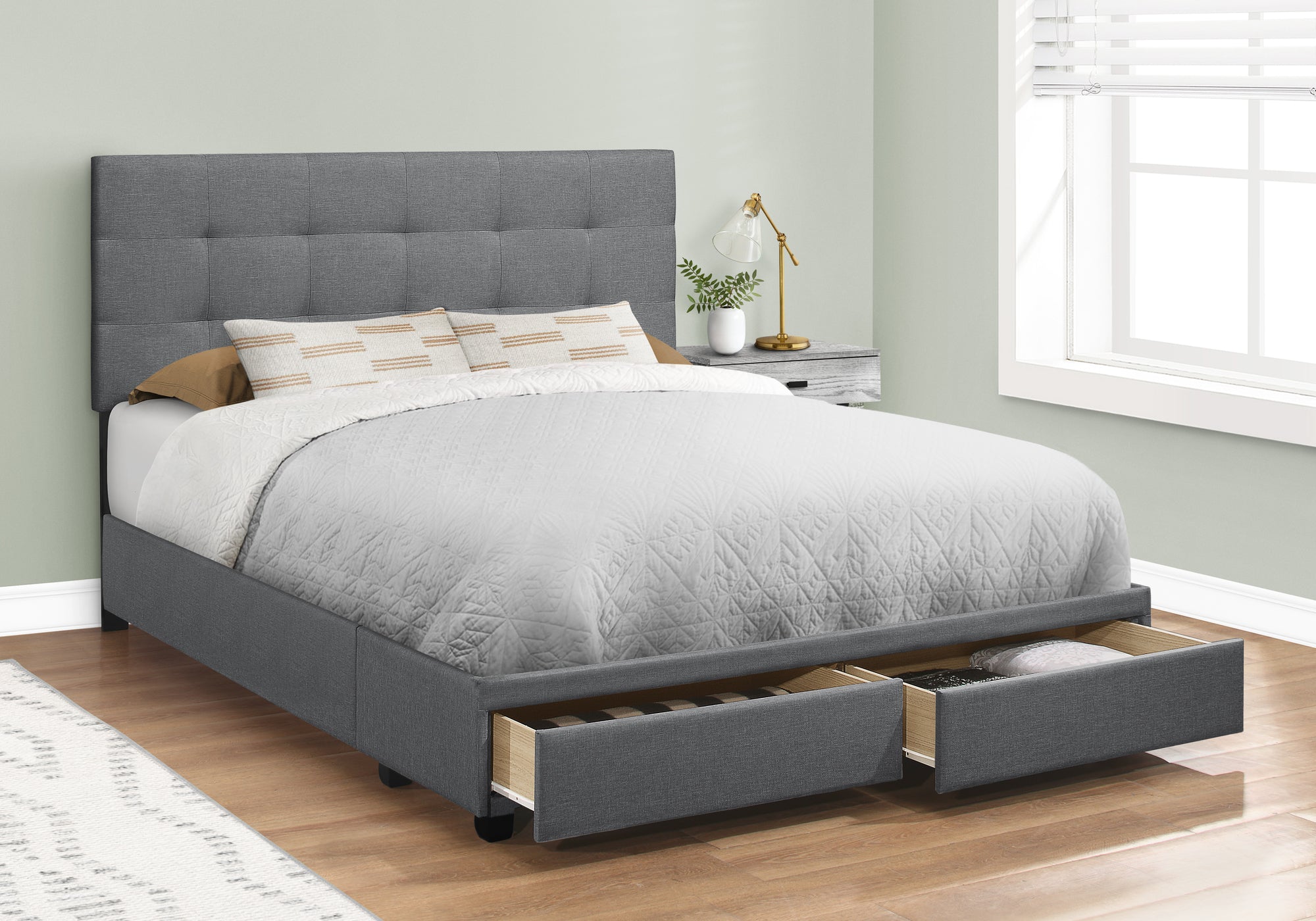 Bed - Queen Size / Dark Grey Linen With 2 Storage Drawers