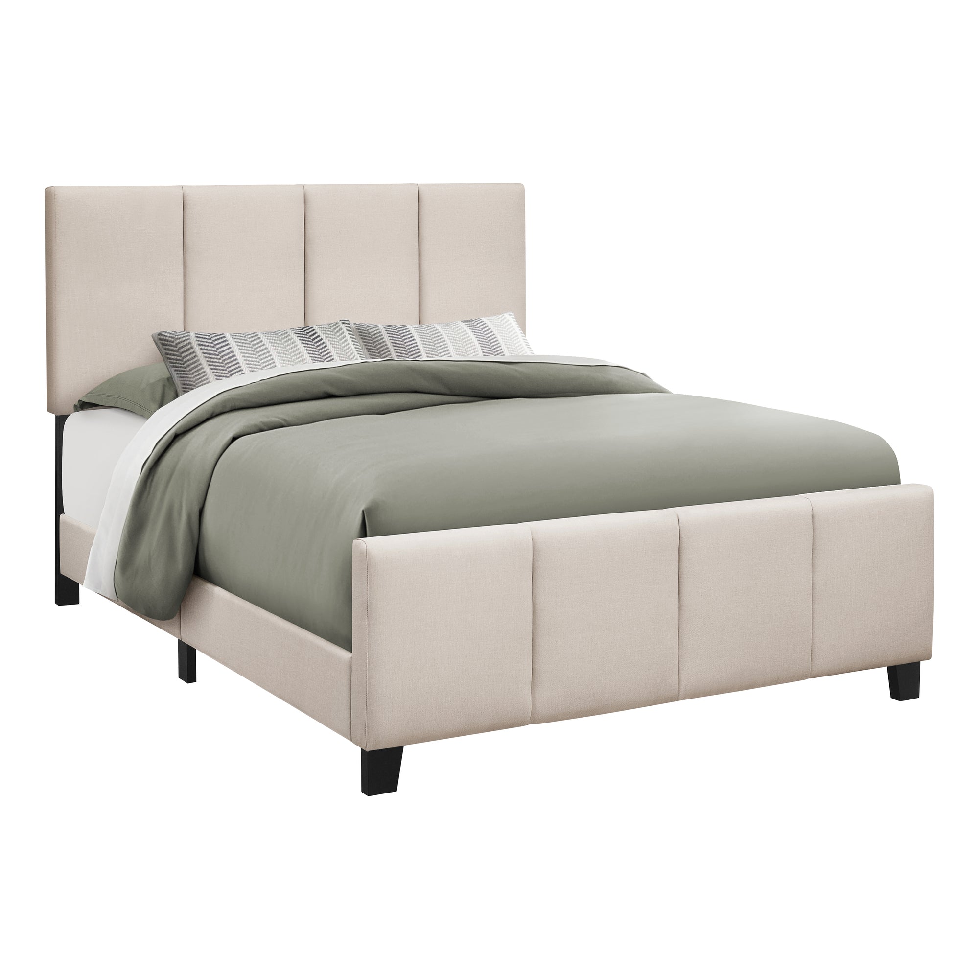 Bed - Queen Size / Beige Linen With Black Wood Legs