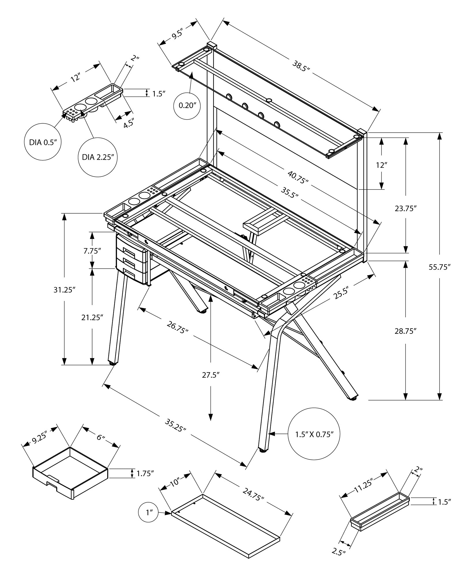 Drafting Table - Adjustable / Grey Metal / Tempered Glass
