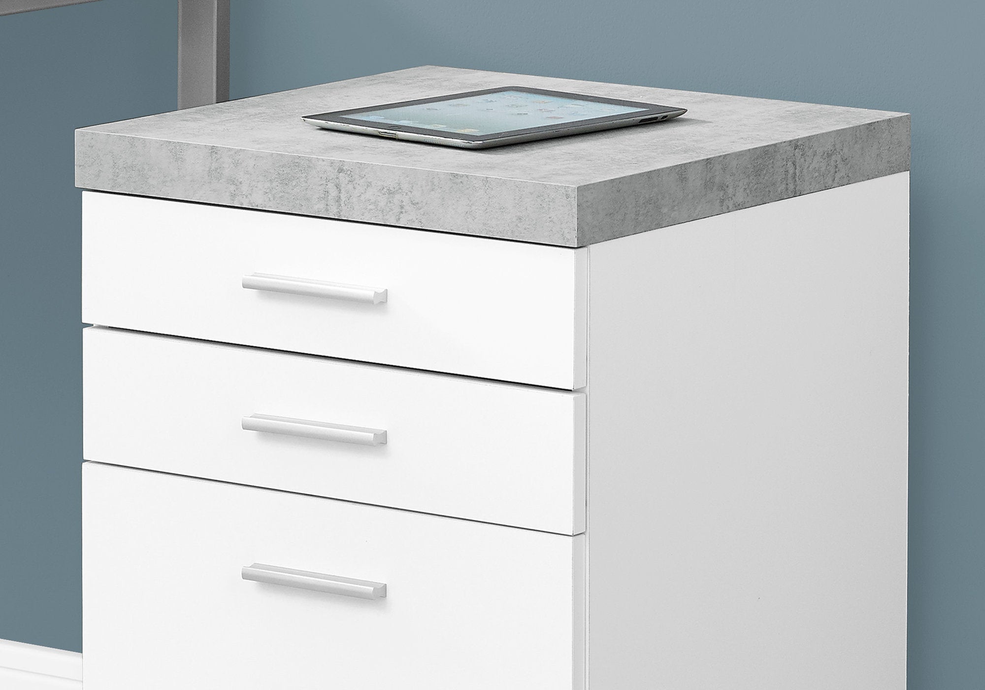 Filing Cabinet - 3 Drawer / White / Cement-Look On Castor