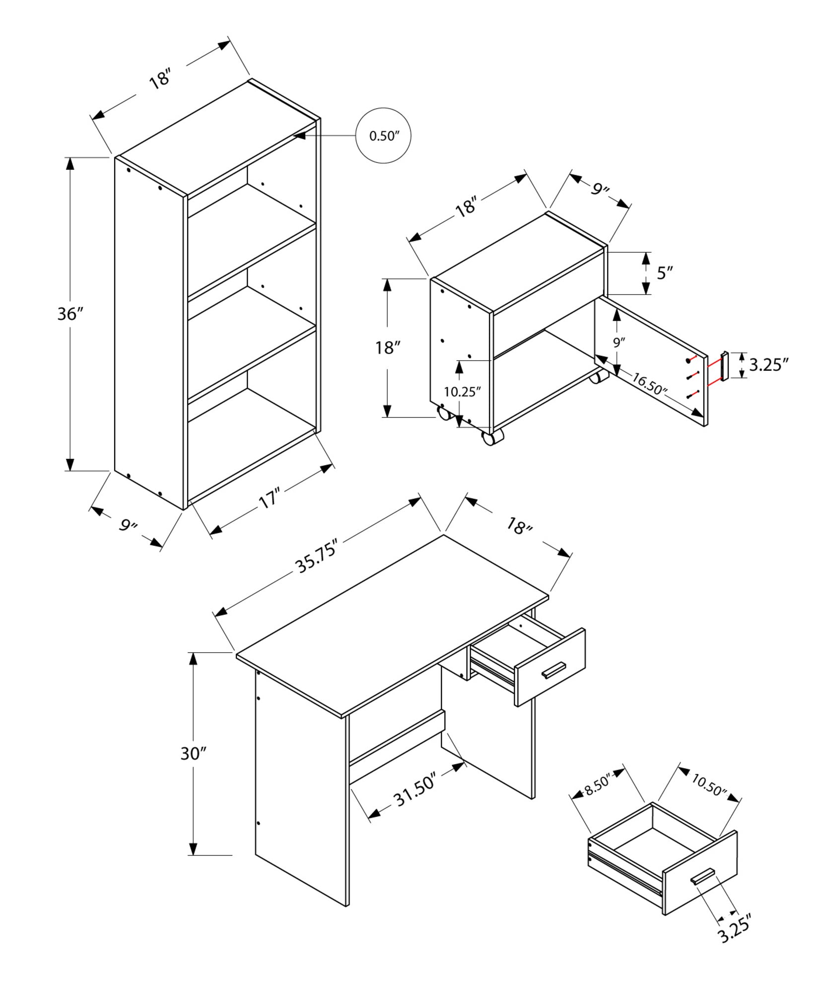 Computer Desk - 3Pcs Set / Maple Desk / Bookcase / Cart