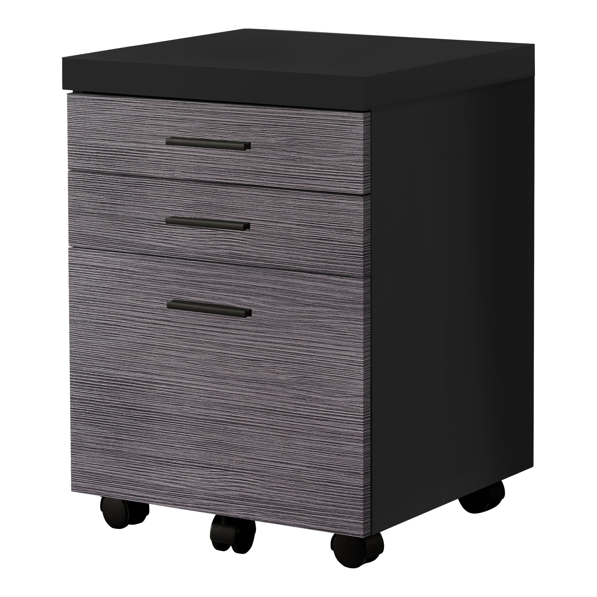 Filing Cabinet - 3 Drawer / Black / Grey On Castors