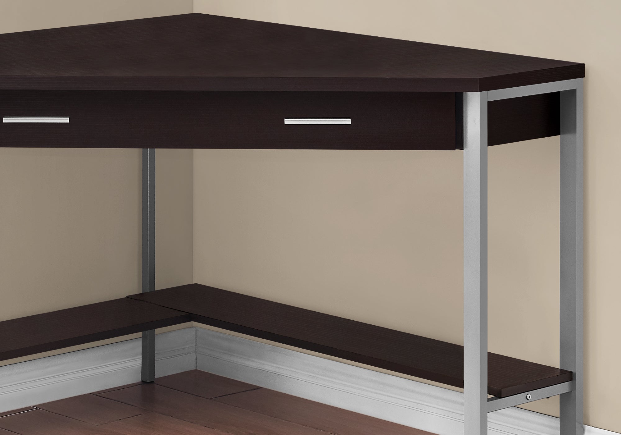 Computer Desk - 42L / Espresso Corner / Silver Metal
