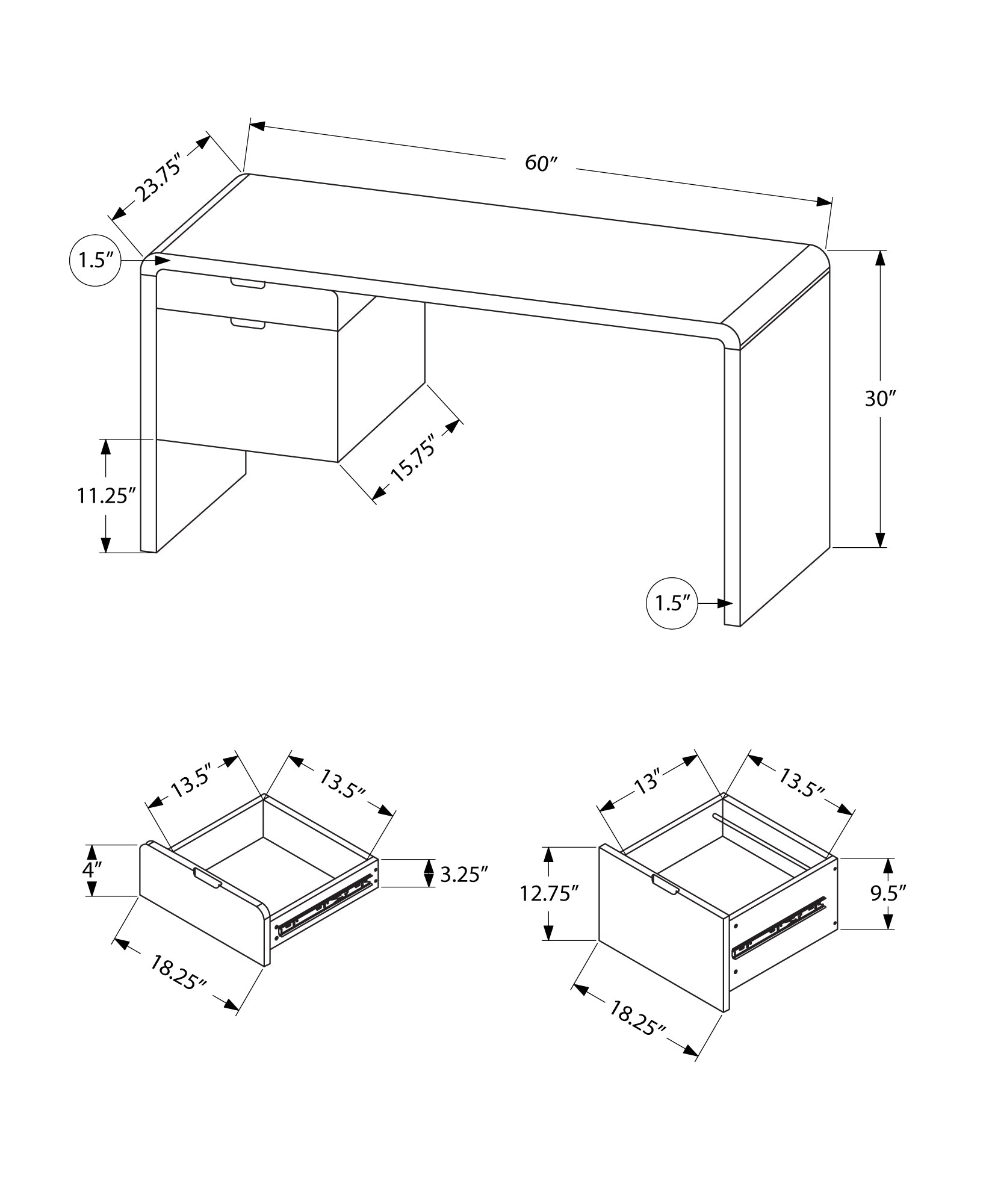 Computer Desk - 60L / High Glossy White L/R Face Drawer
