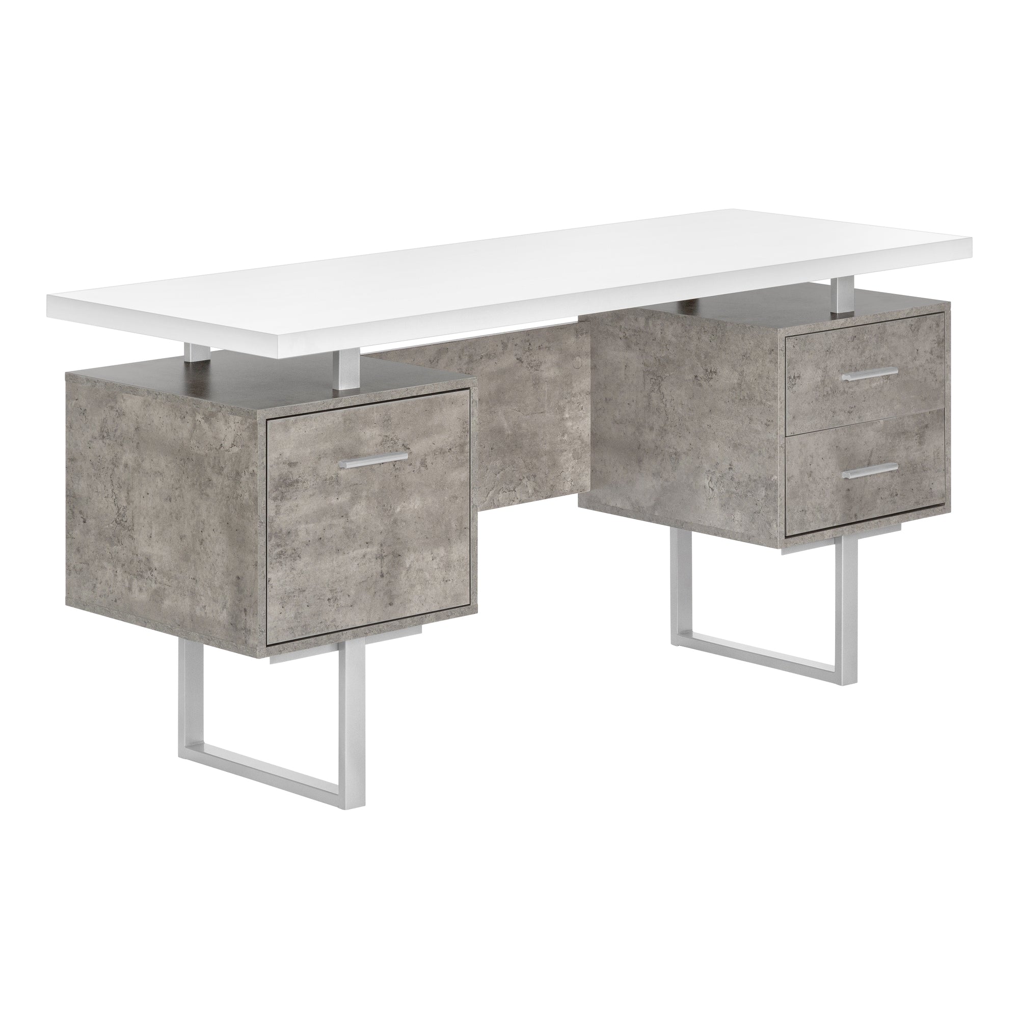Computer Desk - 60L / White/ Grey Concrete/ Silver Metal