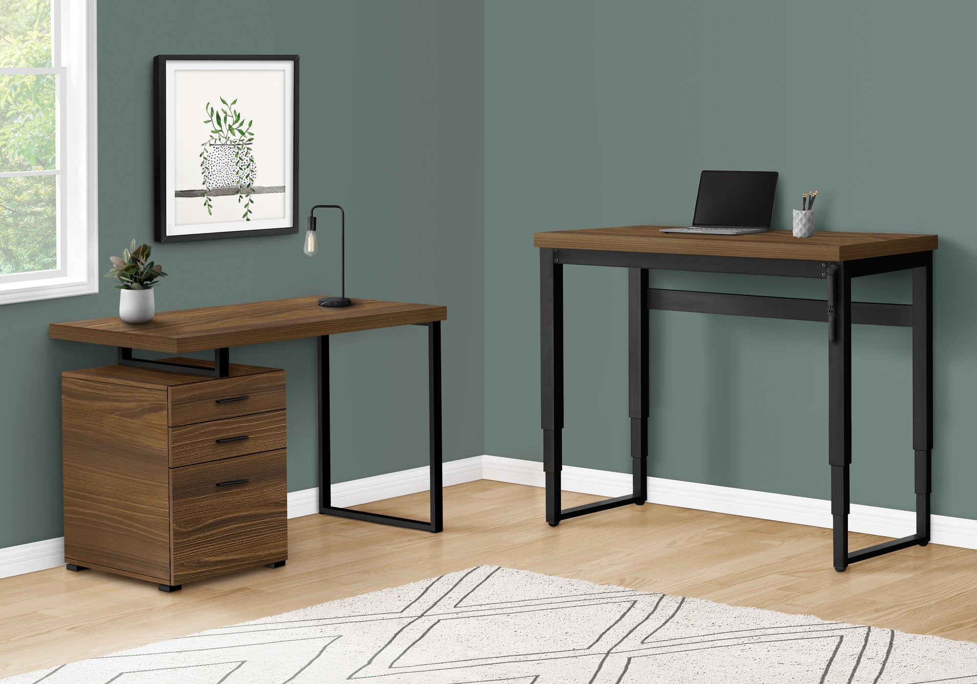 Computer Desk - 48L / Walnut / Adj.Height/ Black Metal