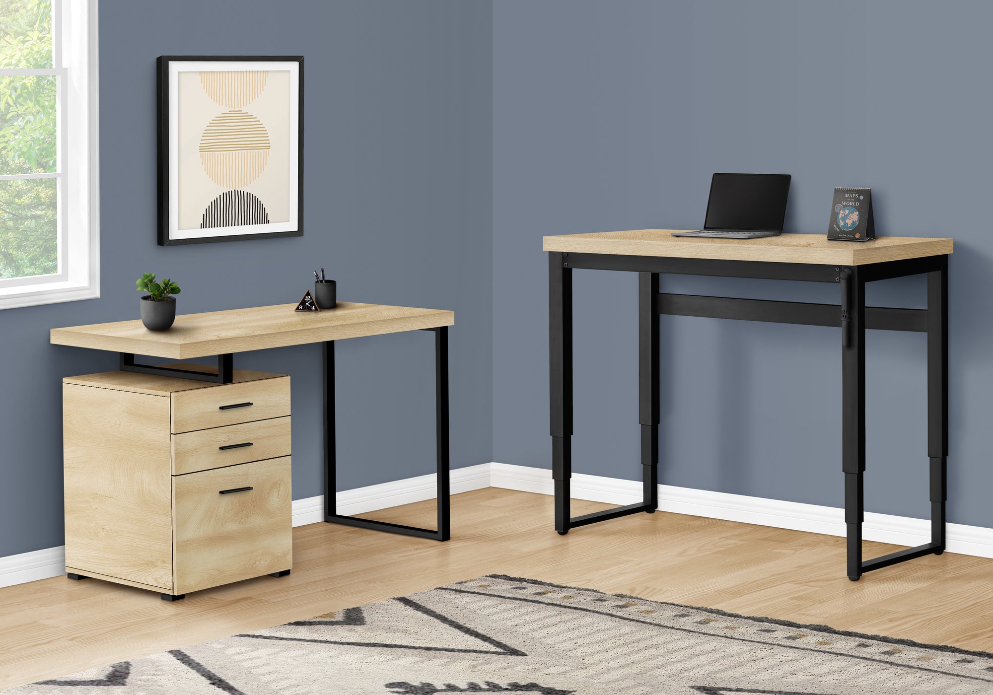 Computer Desk - 48L / Natural / Adj.Height/ Black Metal