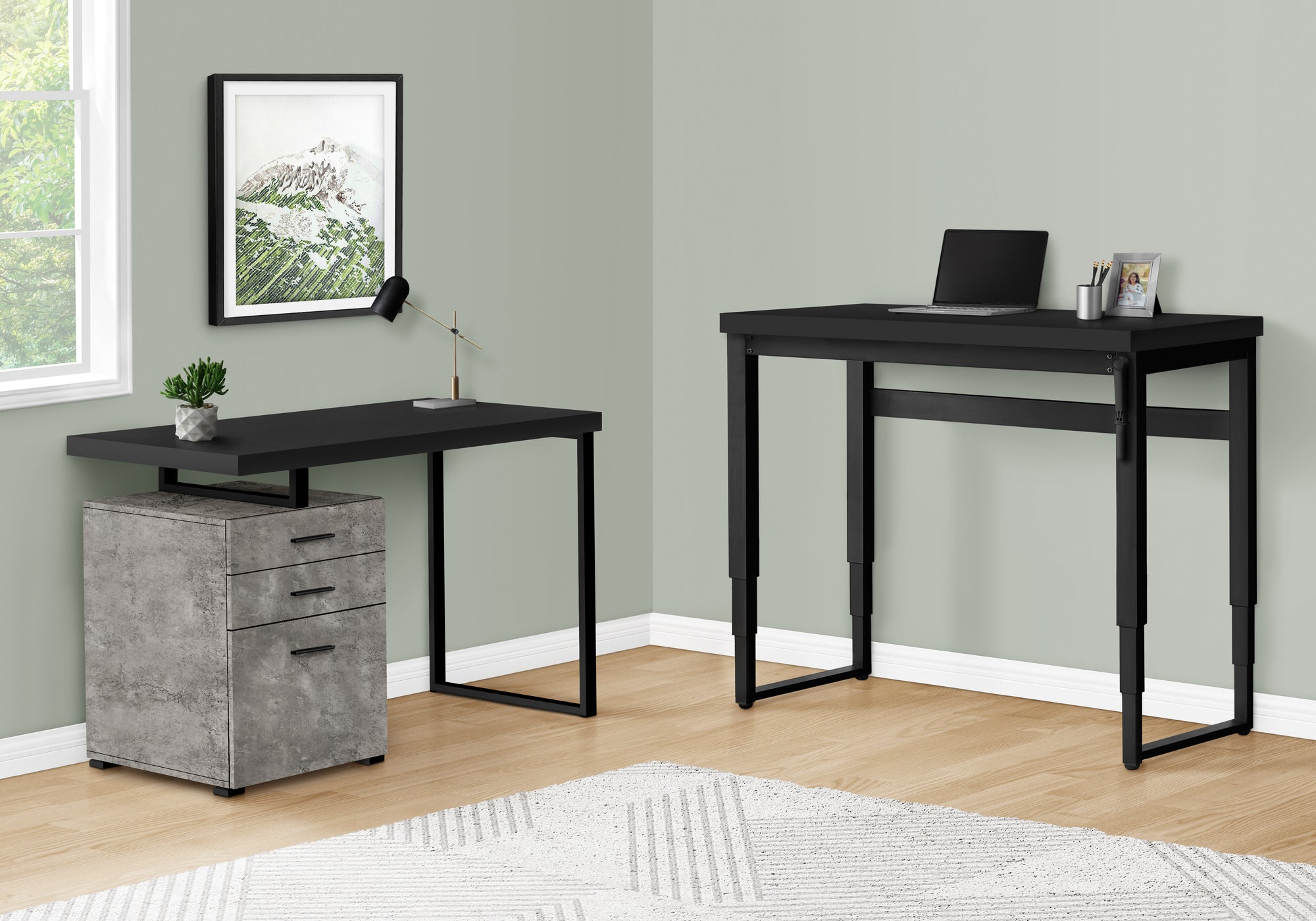 Computer Desk - 48L / Black / Adj.Height/ Black Metal