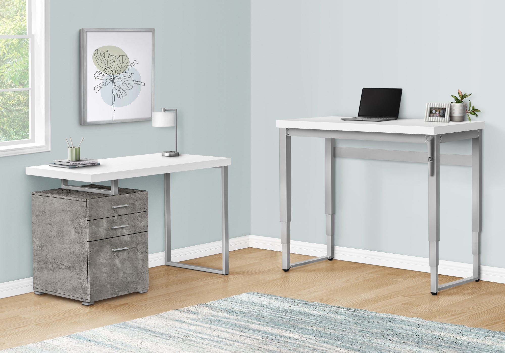 Computer Desk - 48L / White / Adj.Height/ Silver Metal