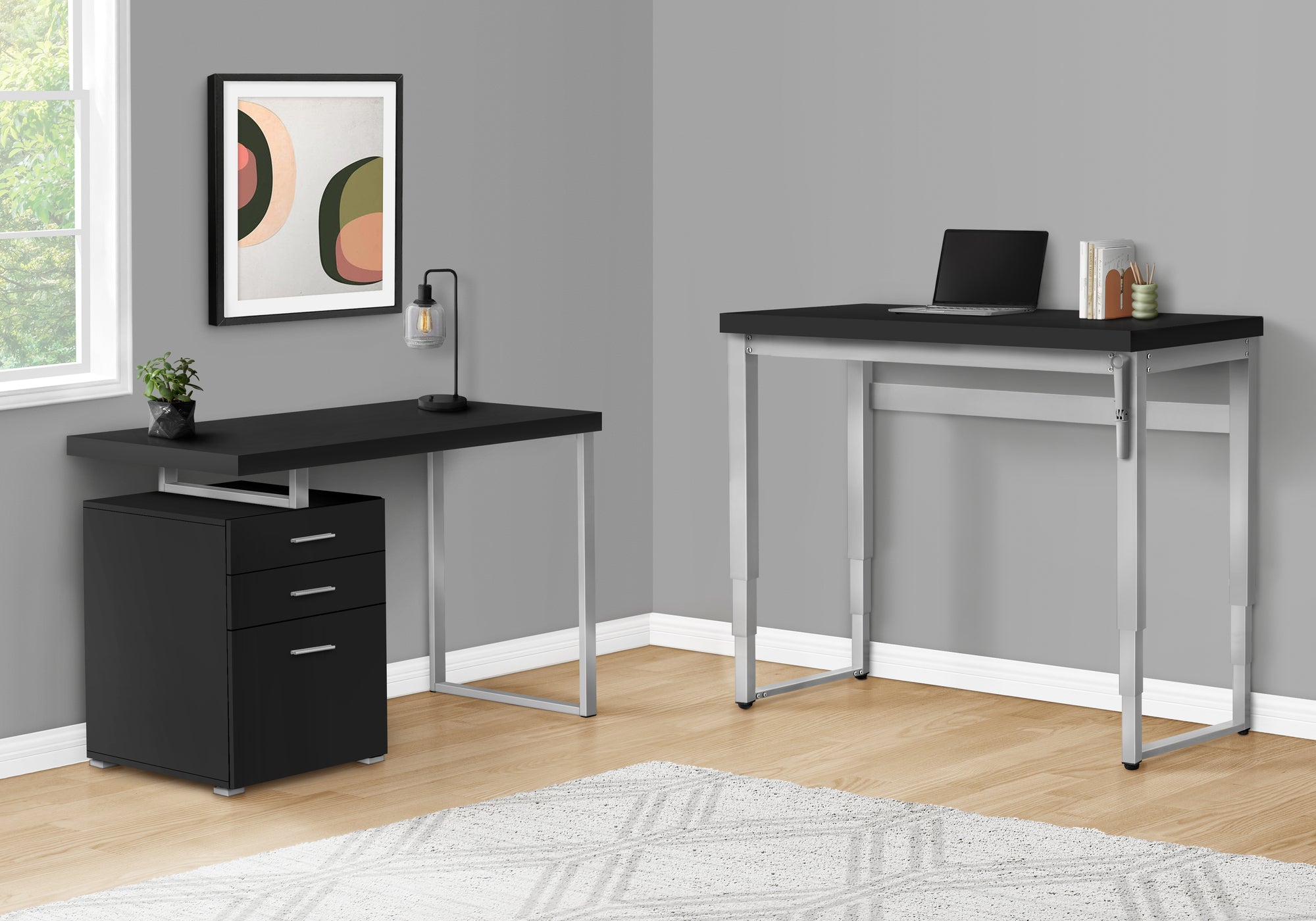 Computer Desk - 48L / Black / Adj.Height/ Silver Metal