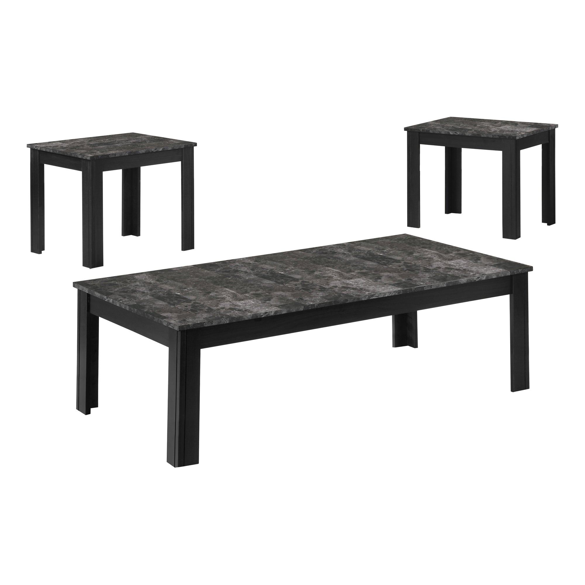 Table Set - 3Pcs Set / Black / Grey Marble-Look Top