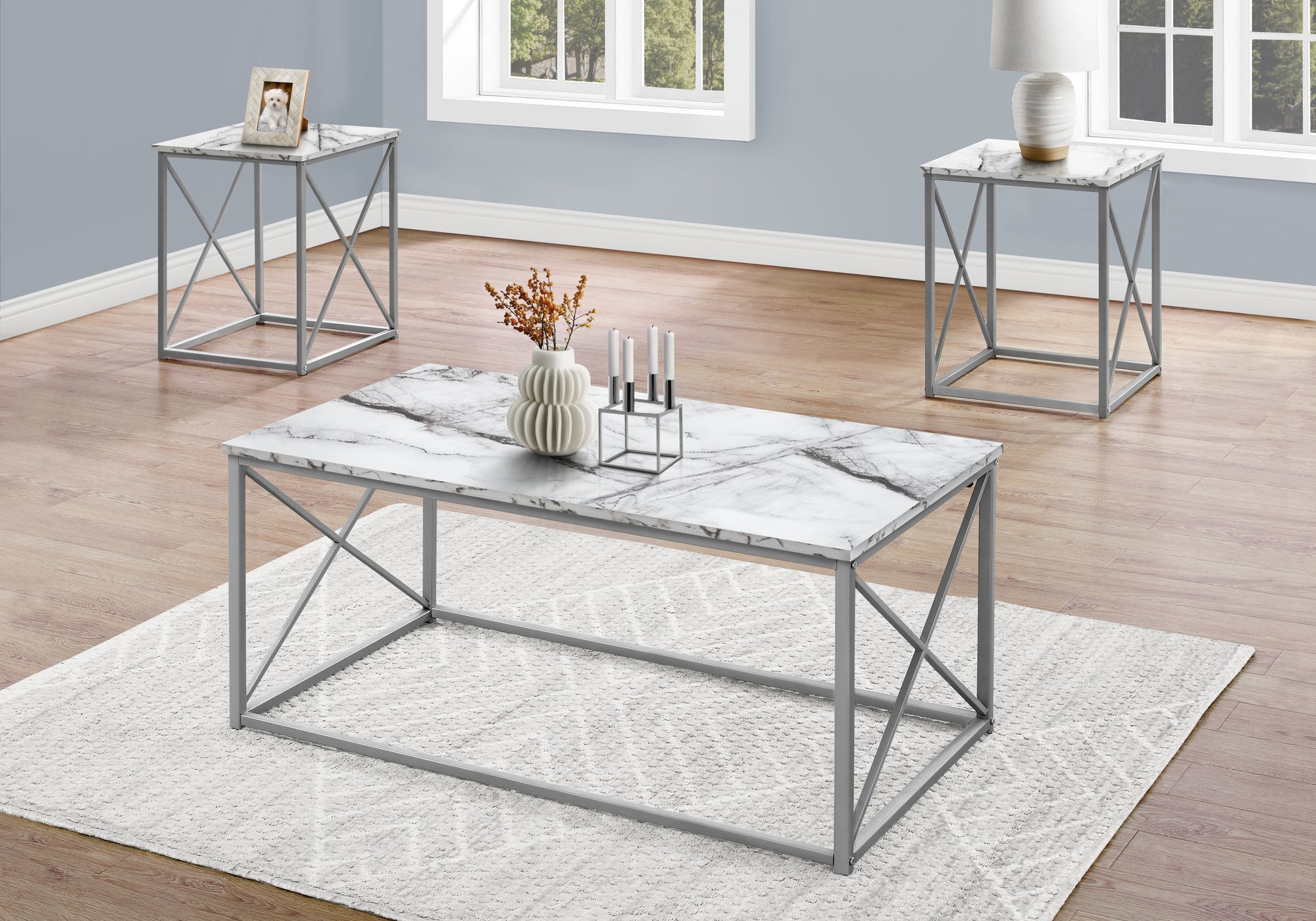 White Silver Metal Table Set - 3Pcs Set White Silver Metal Table Set - 3Pcs Set