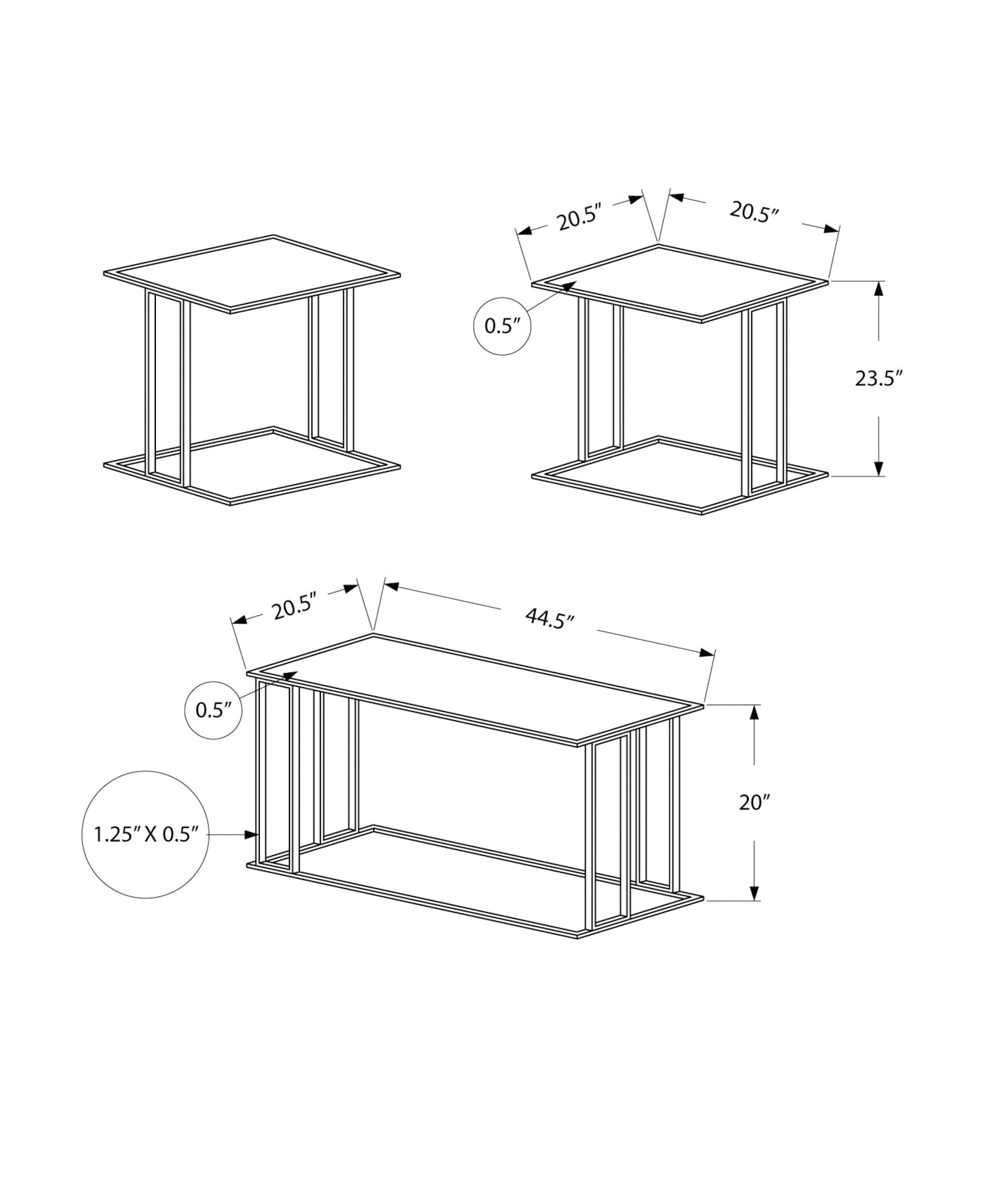 Table Set - 3Pcs Set / Espresso / Silver Metal