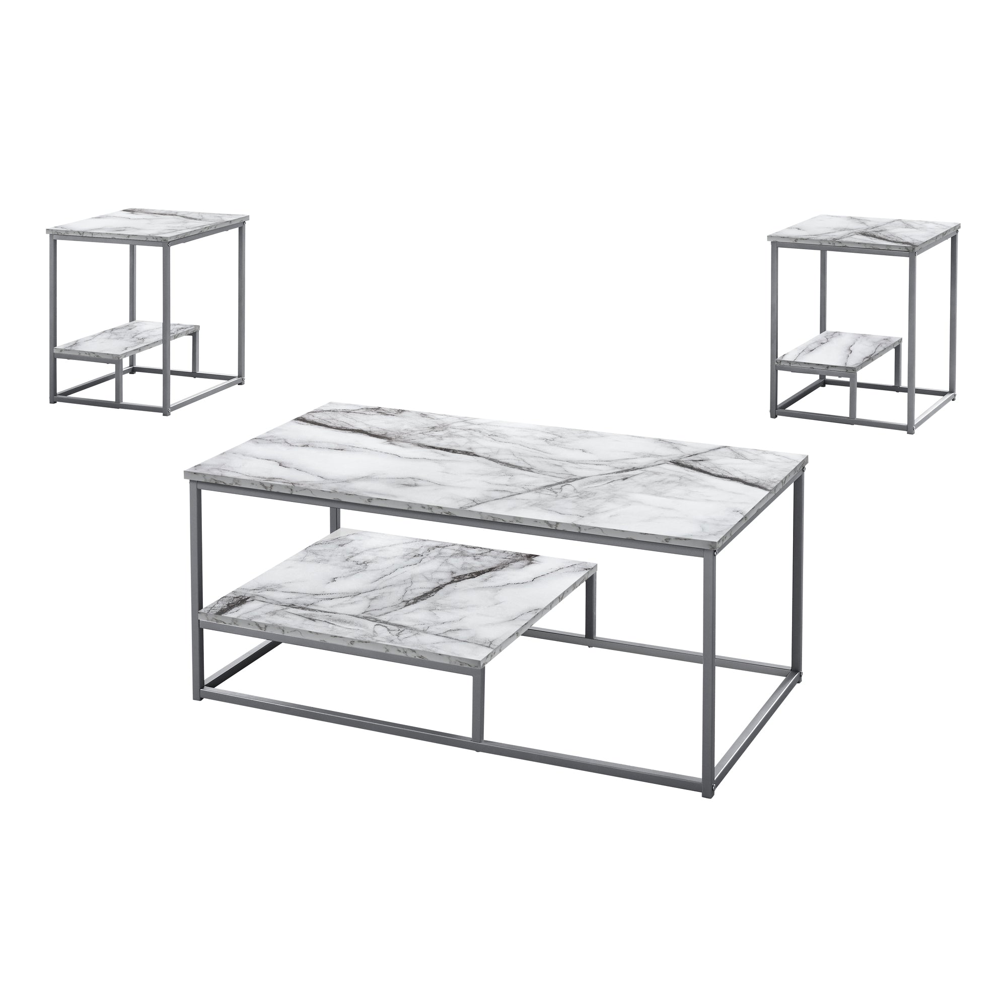 Table Set - 3Pcs Set / White Marble / Silver Metal