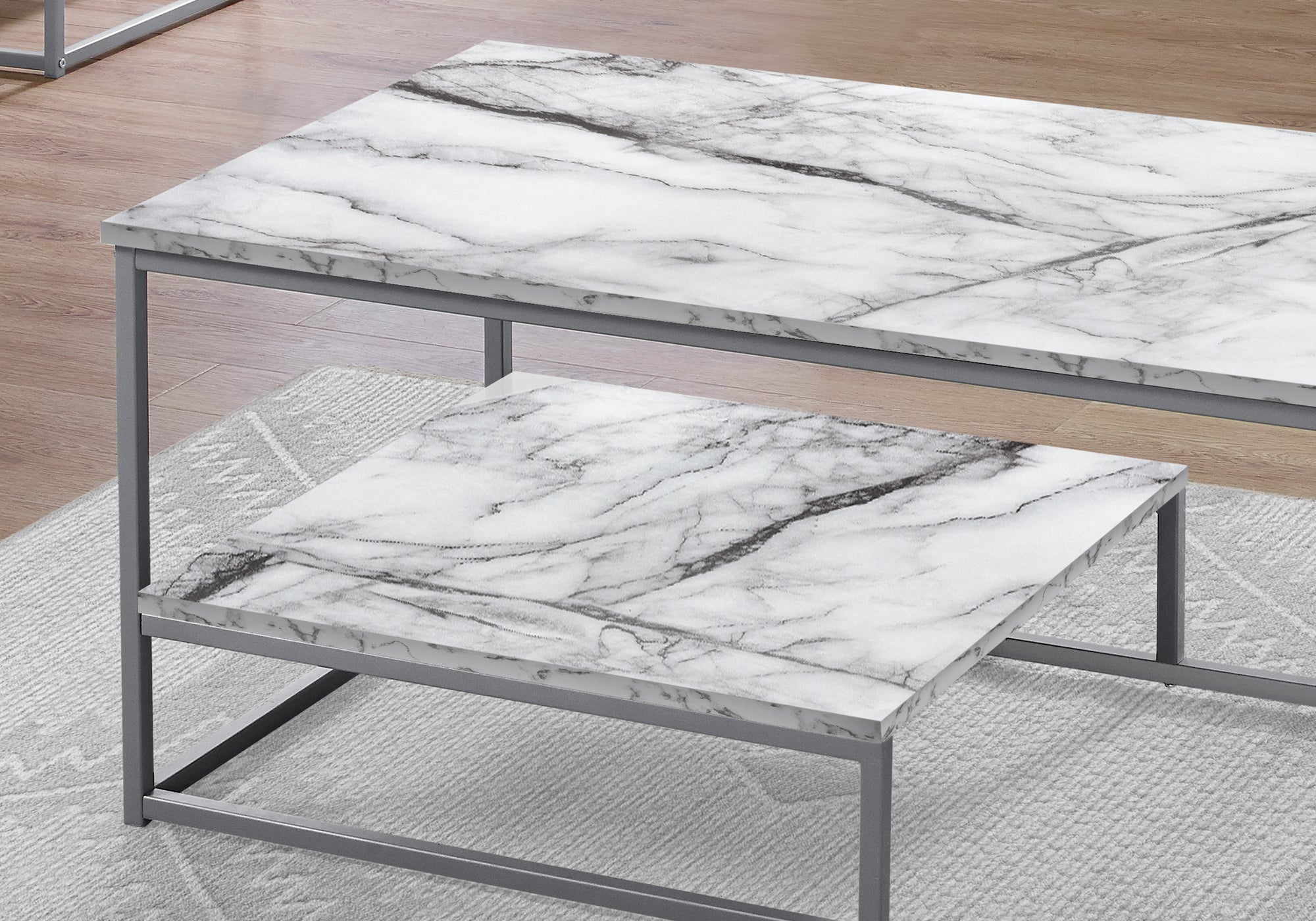 Table Set - 3Pcs Set / White Marble / Silver Metal