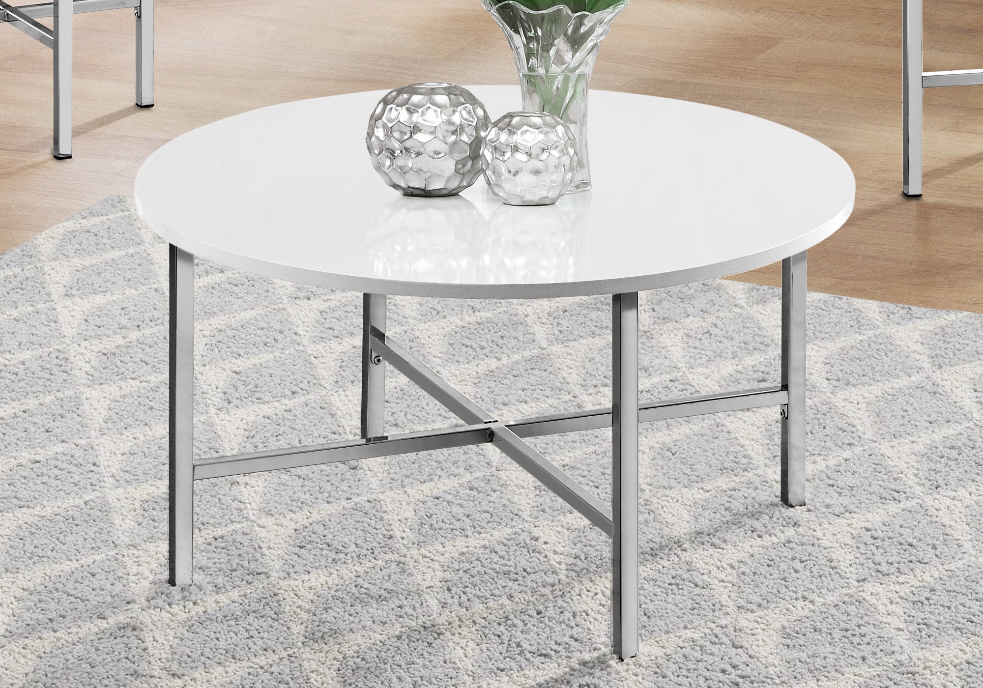 Table Set - 3Pcs Set / Glossy White / Chrome Metal