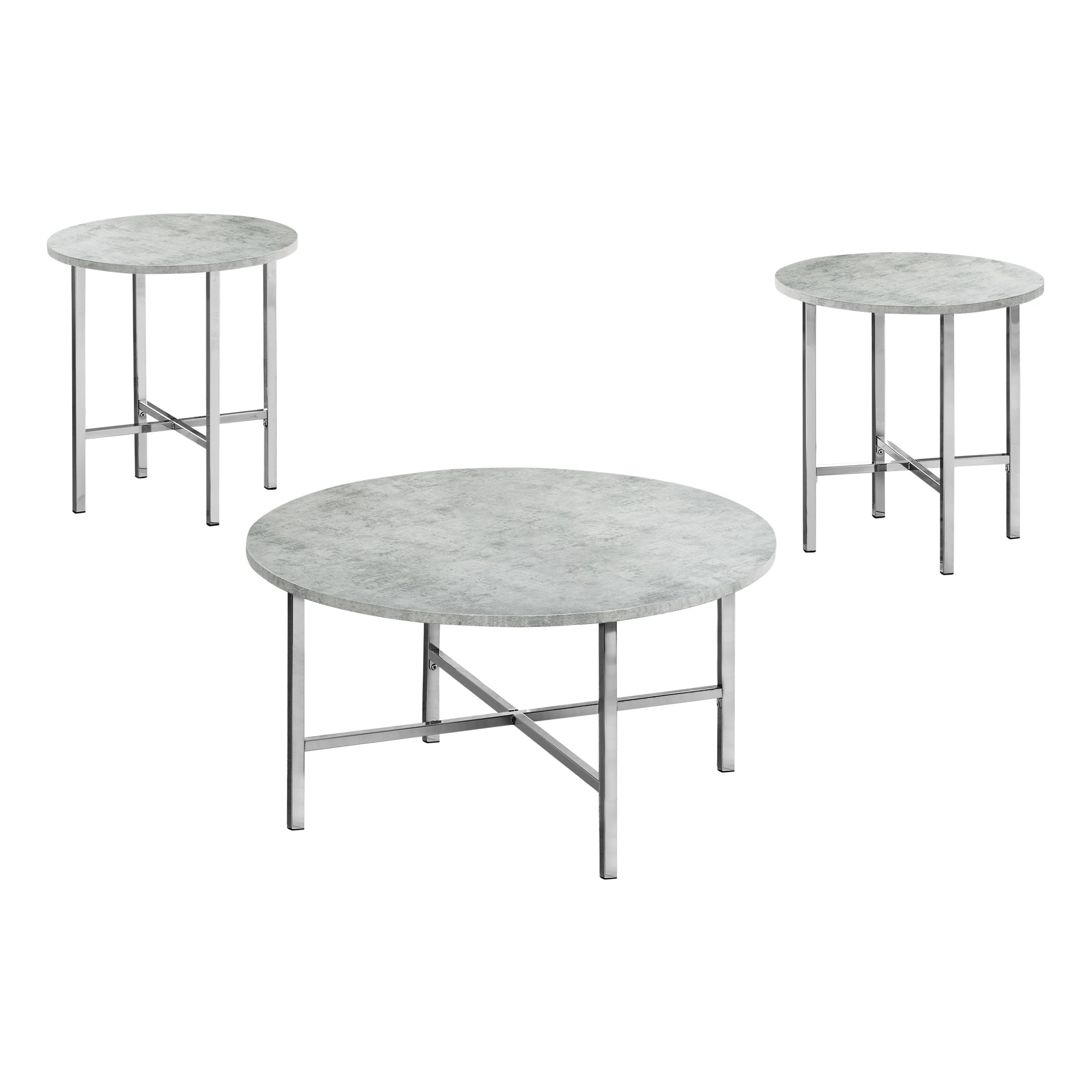 Table Set - 3Pcs Set / Grey Cement / Chrome Metal