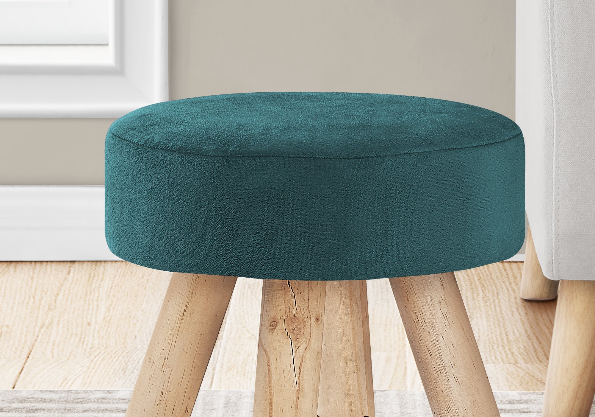 Ottoman - Turquoise Velvet / Natural Wood Legs