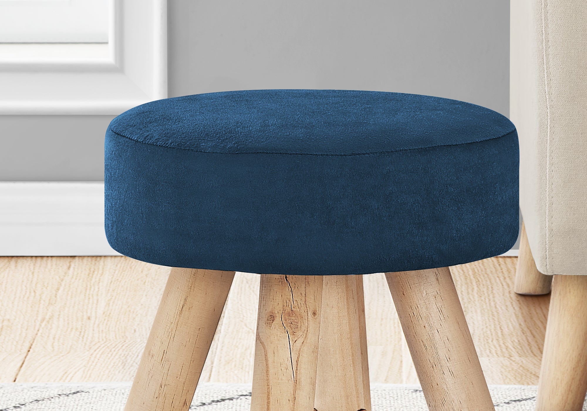 Ottoman - Blue Velvet / Natural Wood Legs