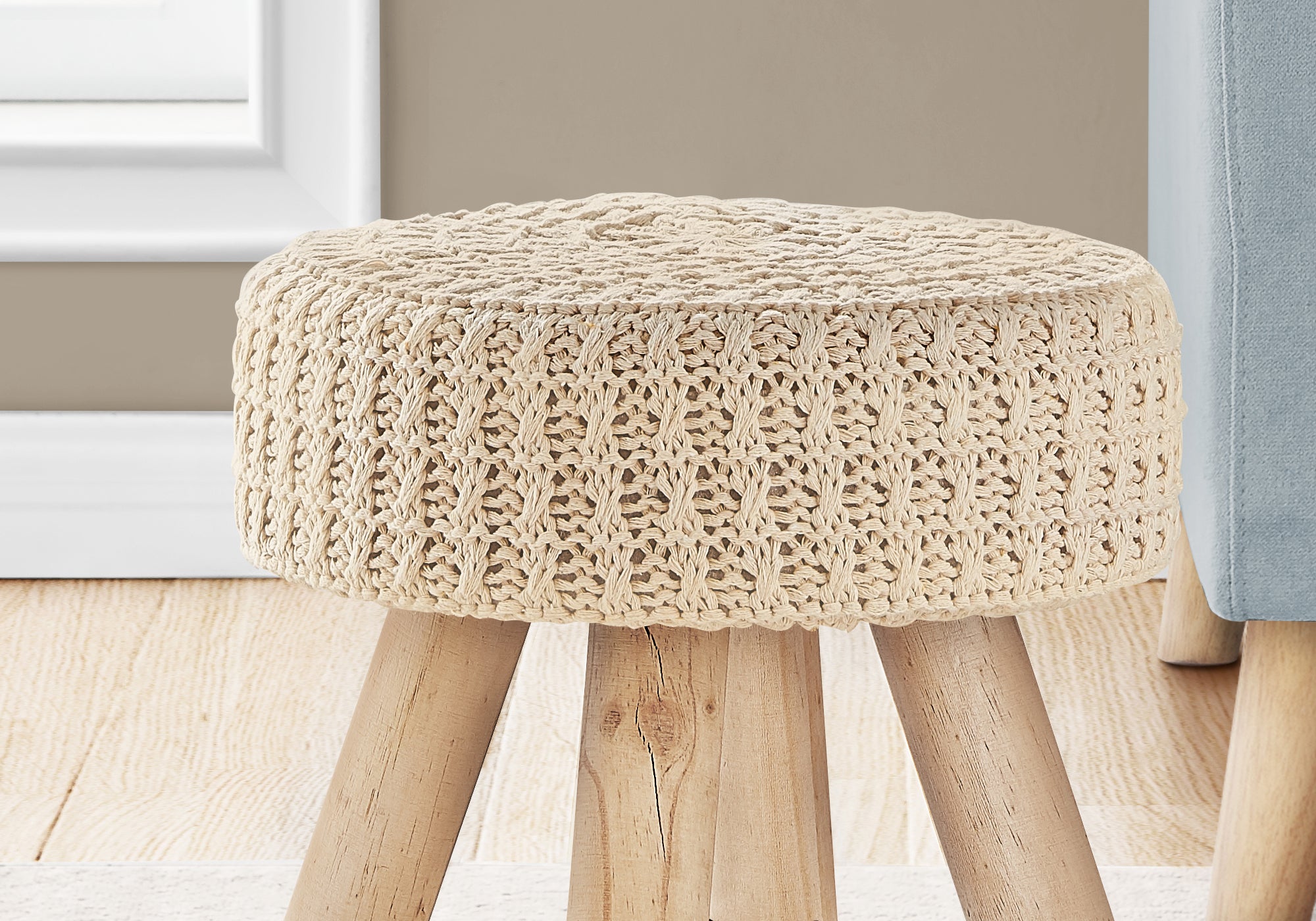 Ottoman - Beige Knit / Natural Wood Legs