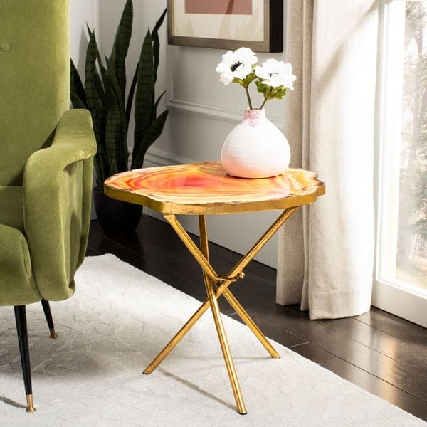 Giselle Faux Agate Round Wood Side Table | Gold
