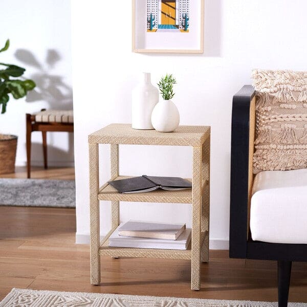 Apis Raffia 2 Shelf Natural Square Accent Table with Storage for Living Room | Brown