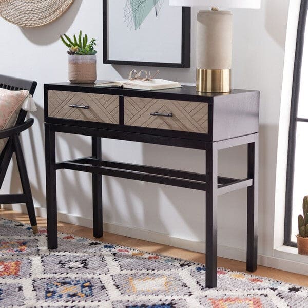 Ajana 2 Drawer Console | Sleek Black & Greige Chevron Design